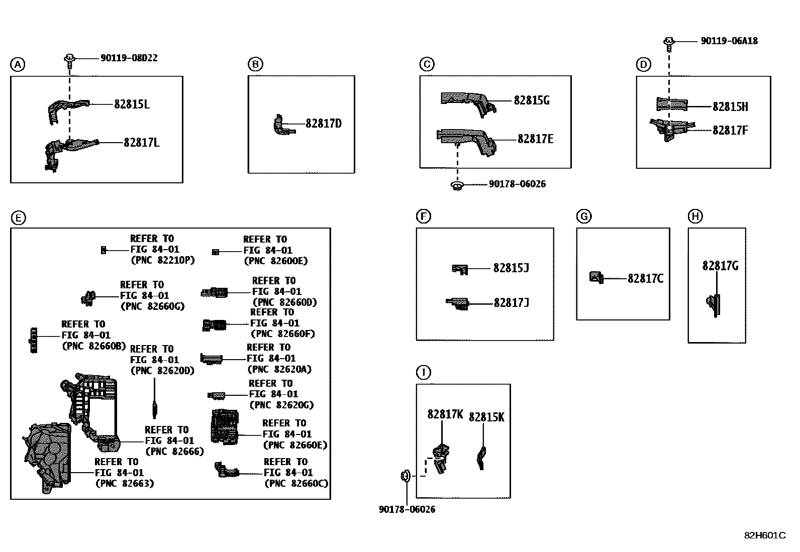 Toyota COROLLA 线束和卡夹 EPC diagram — 82H601C