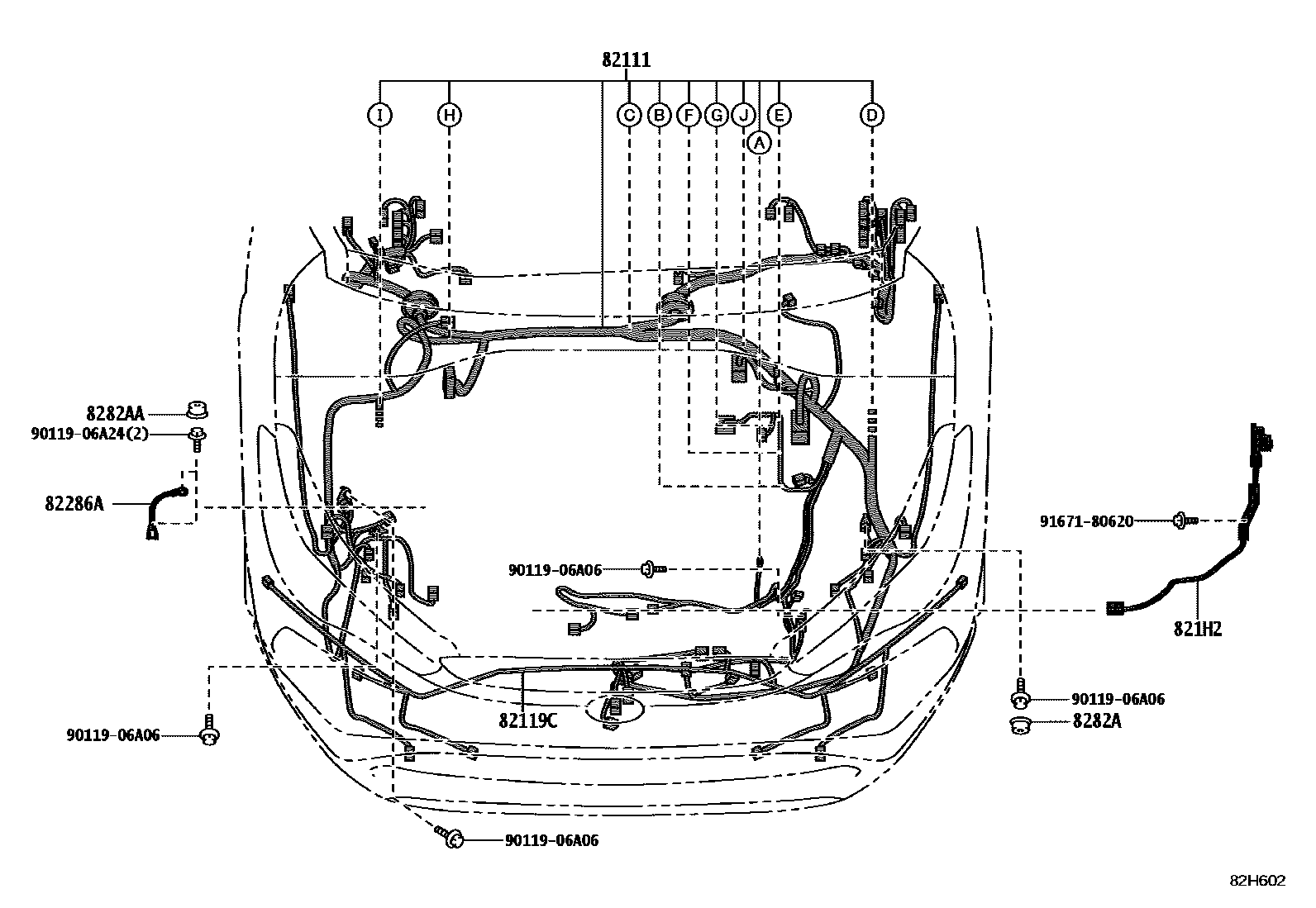 Toyota COROLLA 线束和卡夹 EPC diagram — 82H602