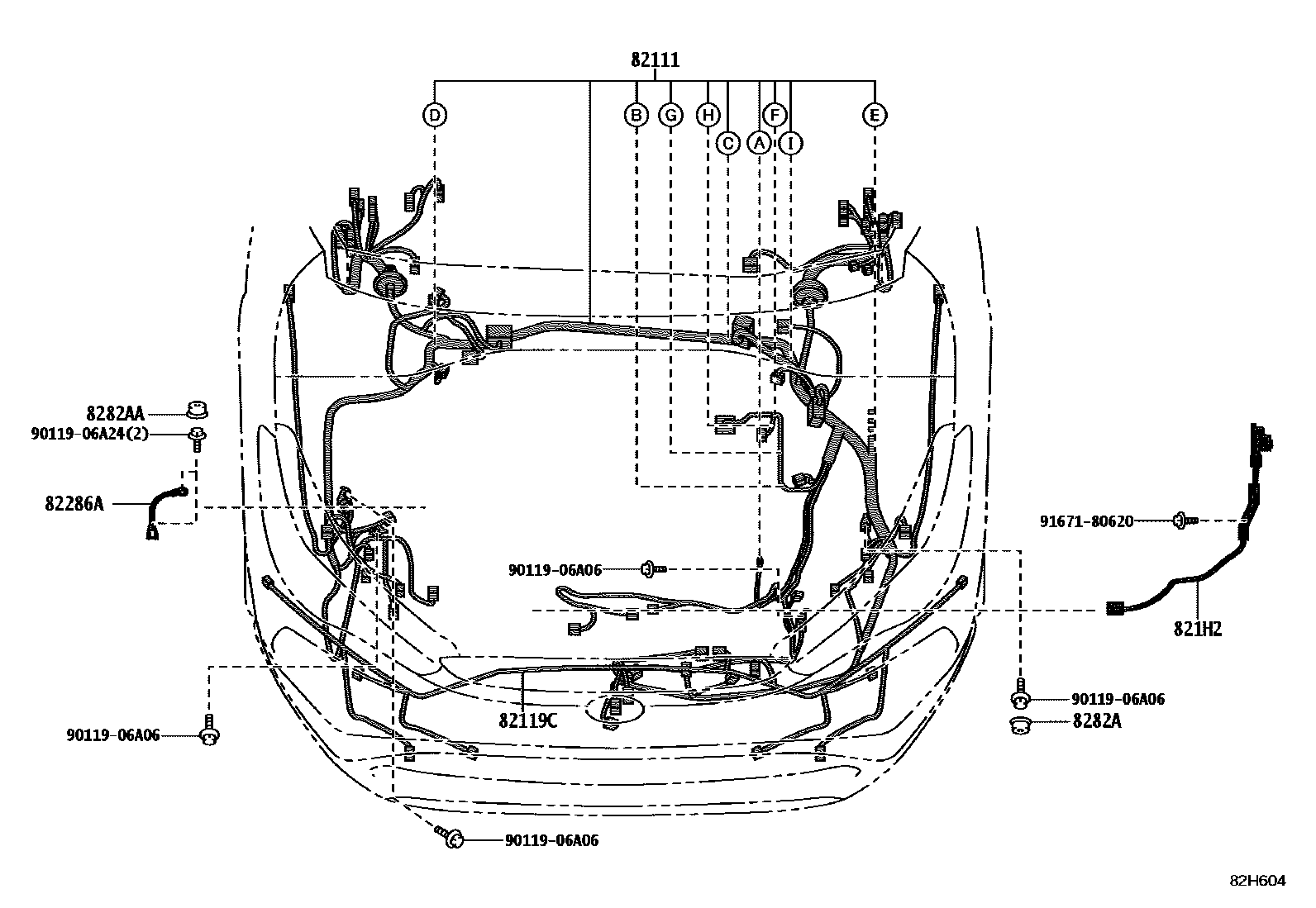 Toyota COROLLA 线束和卡夹 EPC diagram — 82H604