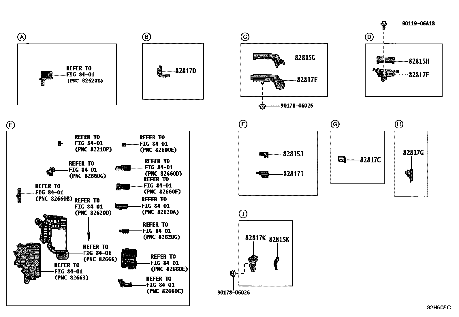 Toyota COROLLA 线束和卡夹 EPC diagram — 82H605C