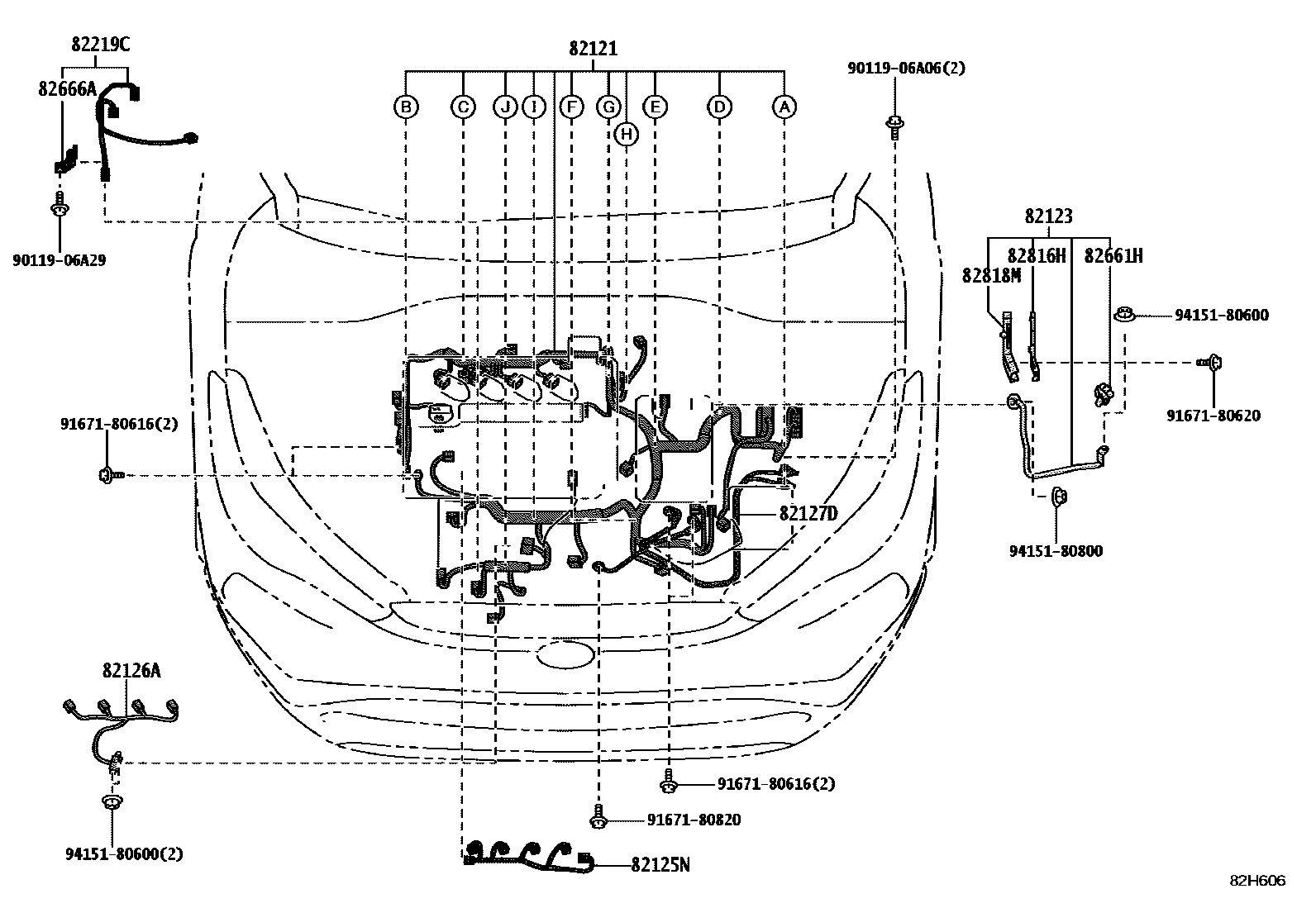 Toyota COROLLA 线束和卡夹 EPC diagram — 82H606