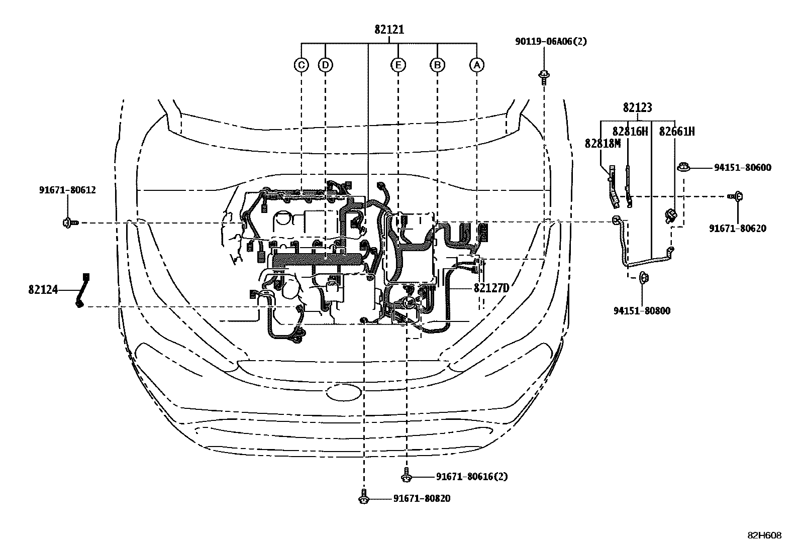 Toyota COROLLA 线束和卡夹 EPC diagram — 82H608