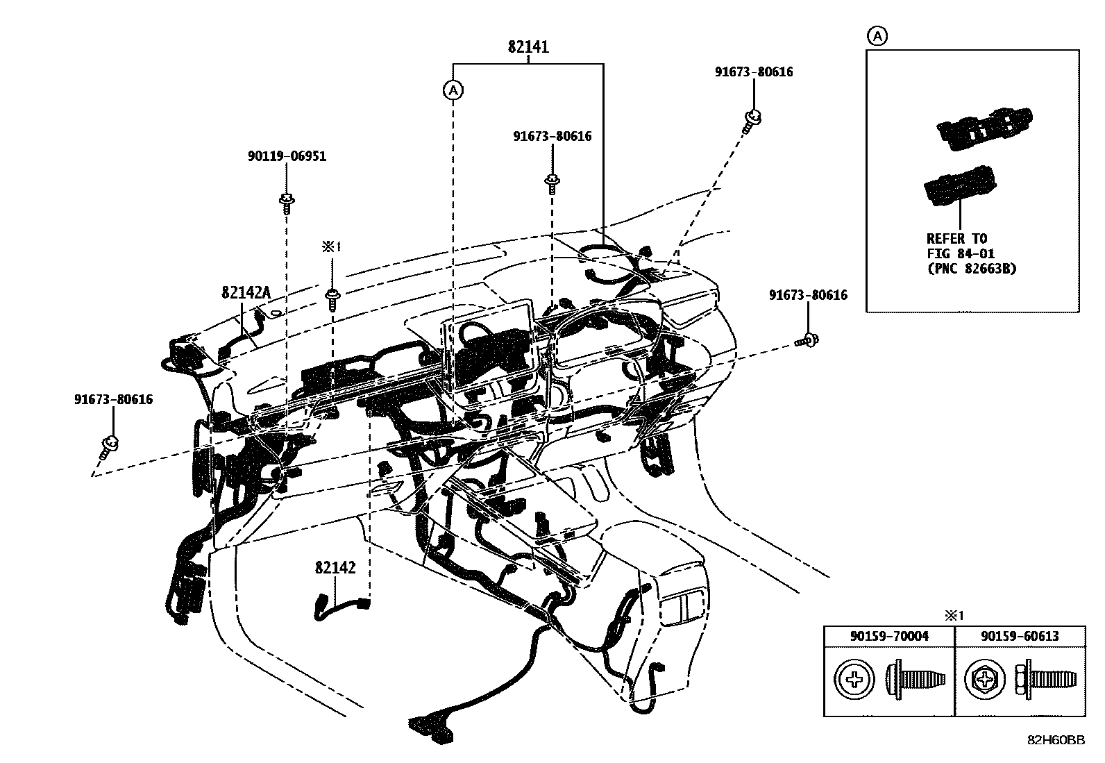 Toyota COROLLA 线束和卡夹 EPC diagram — 82H60BB