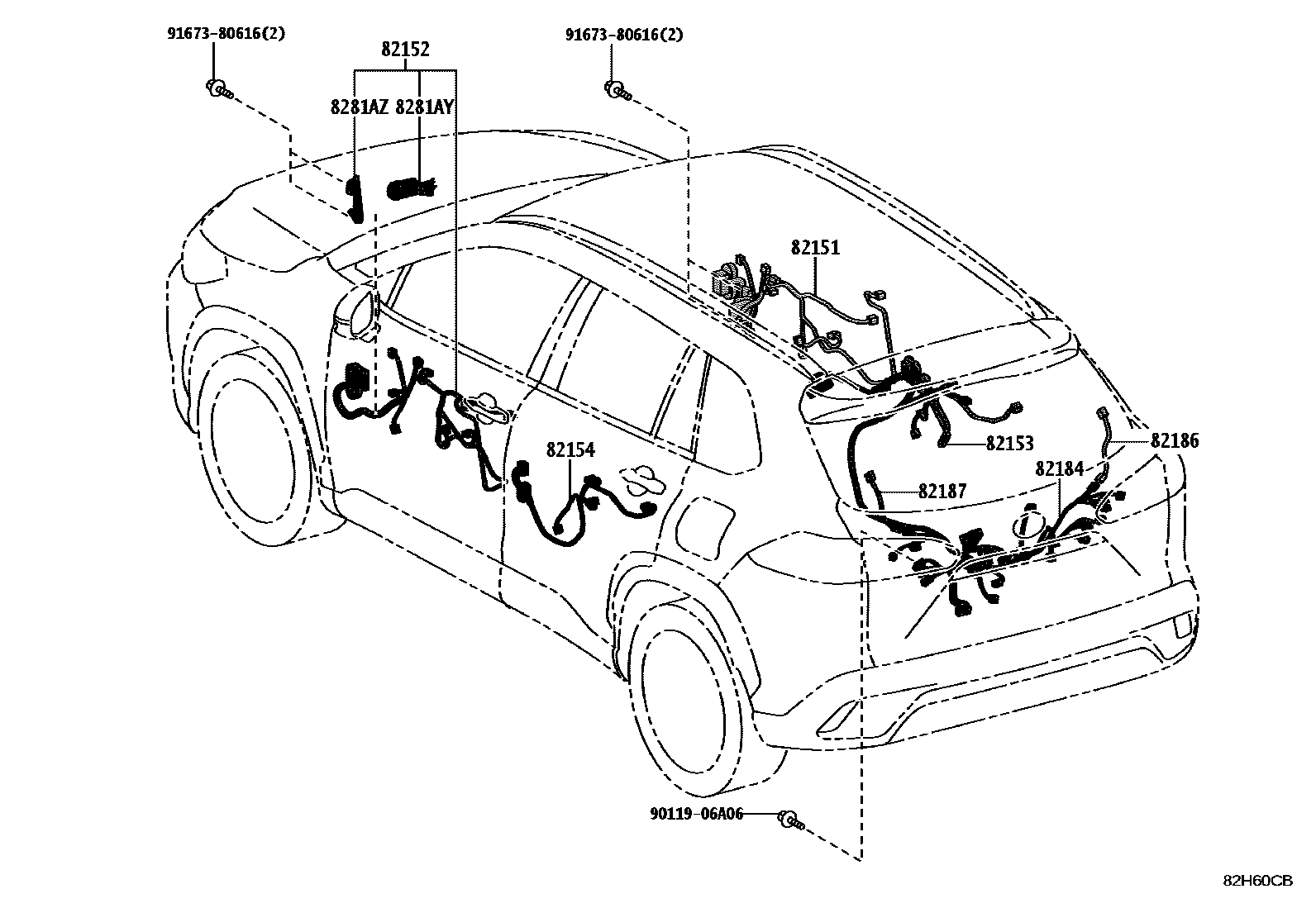 Toyota COROLLA 线束和卡夹 EPC diagram — 82H60CB