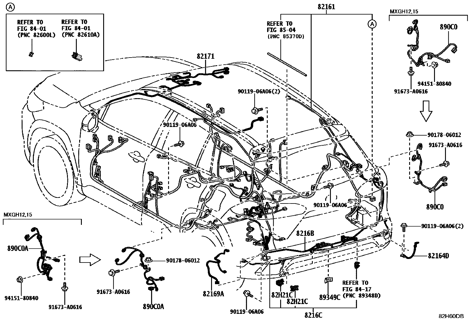 Toyota COROLLA 线束和卡夹 EPC diagram — 82H60DB
