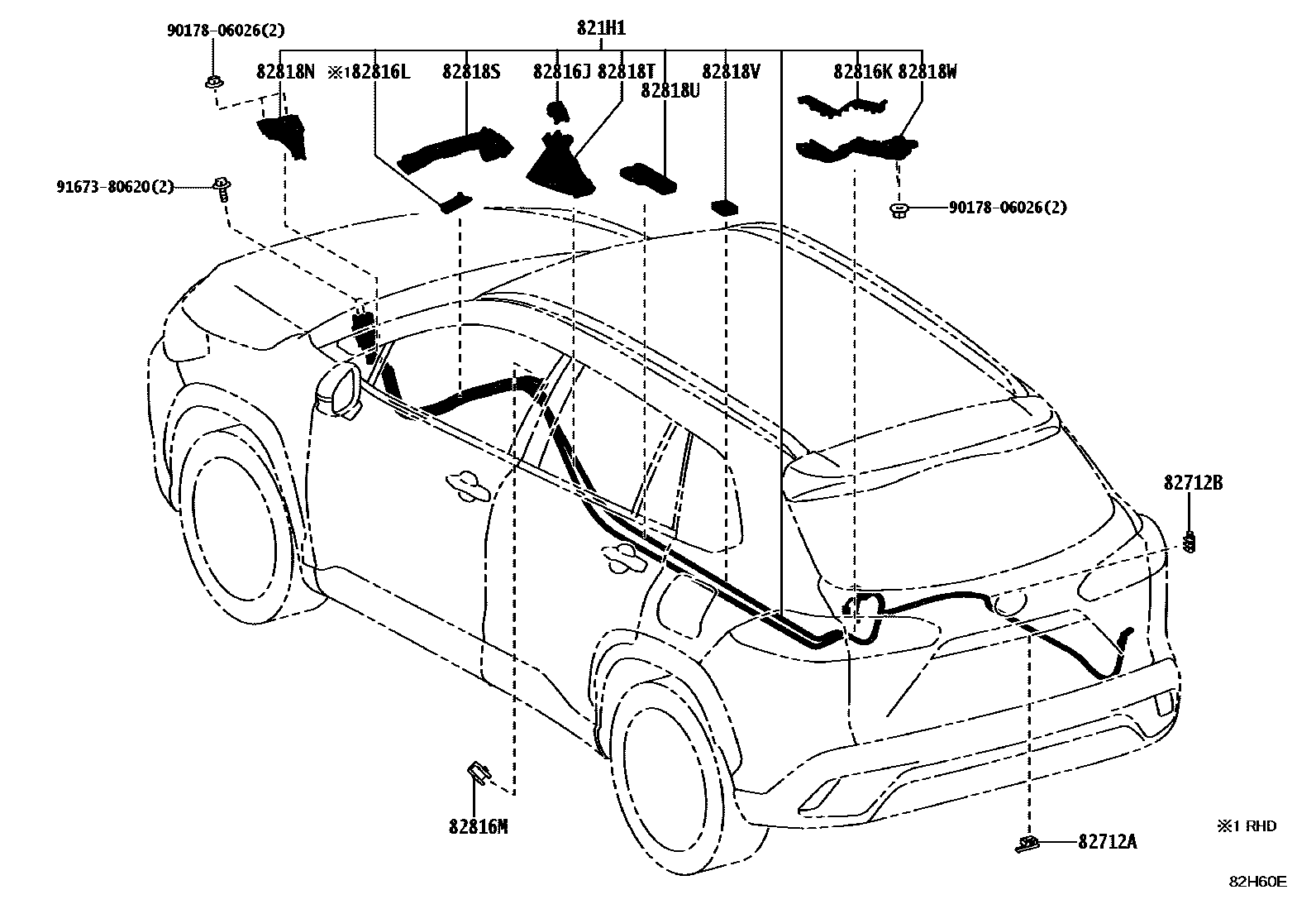 Toyota COROLLA 线束和卡夹 EPC diagram — 82H60E