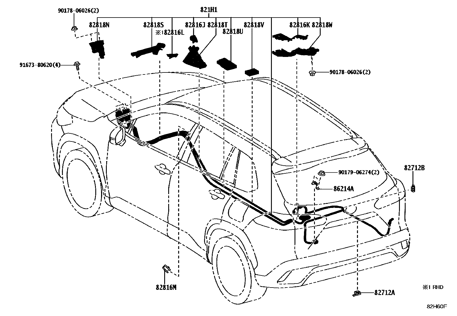 Toyota COROLLA 线束和卡夹 EPC diagram — 82H60F