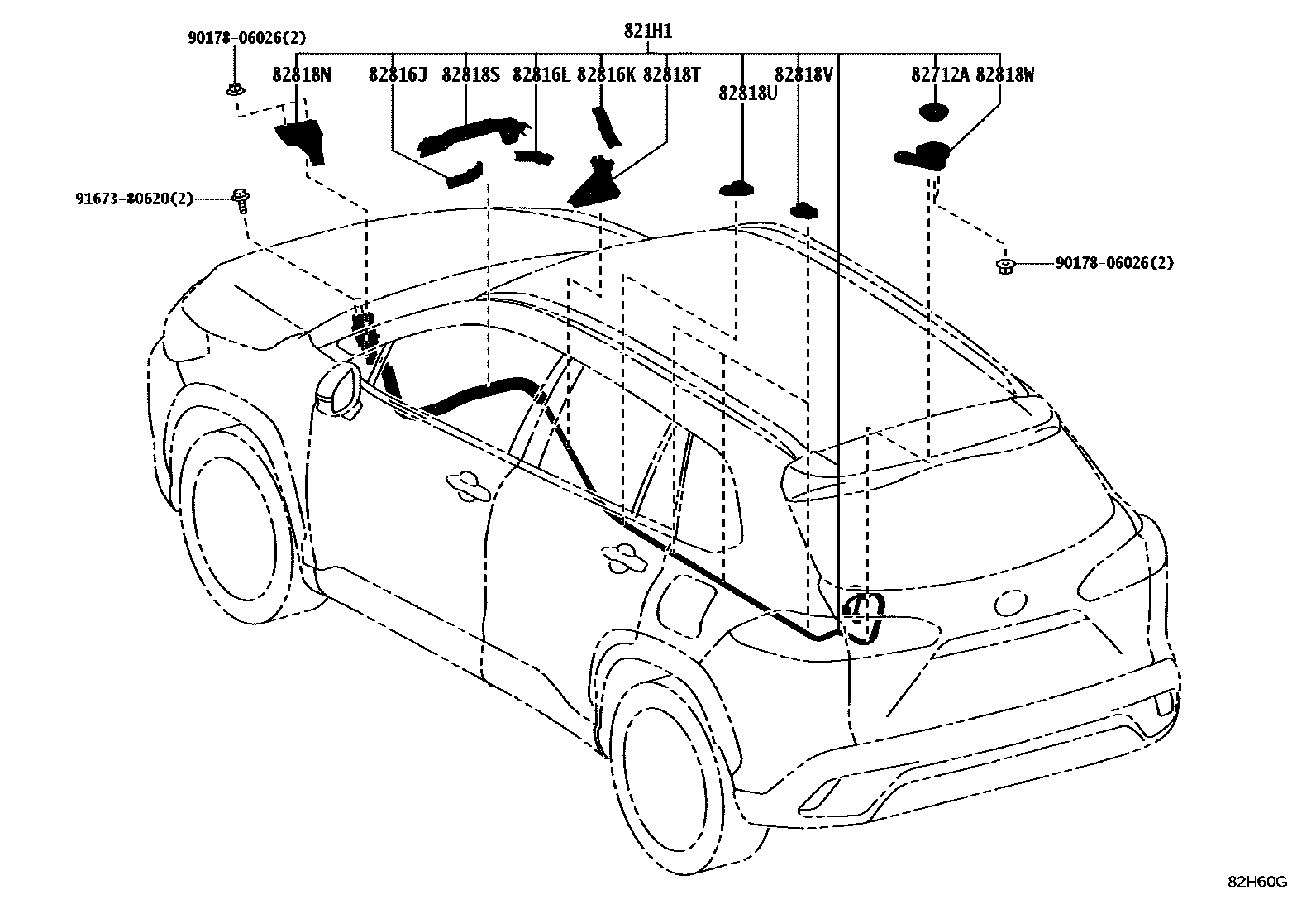 Toyota COROLLA 线束和卡夹 EPC diagram — 82H60G