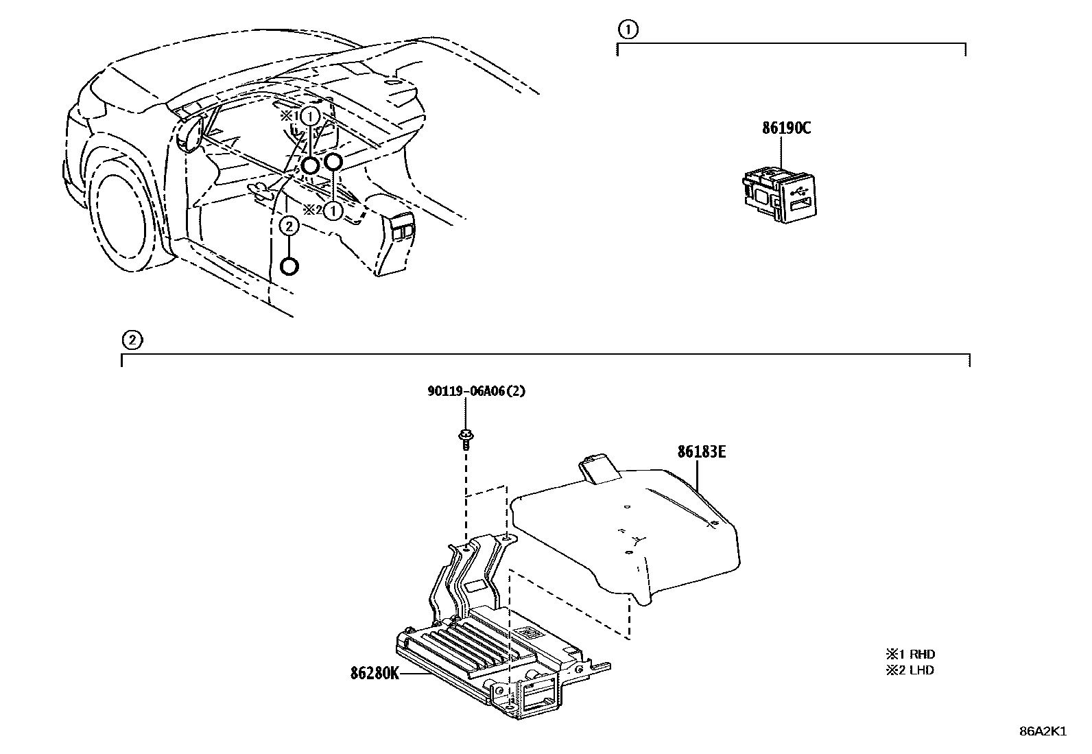 Toyota COROLLA 收音机、放大器和冷凝器 EPC diagram — 86A2K1