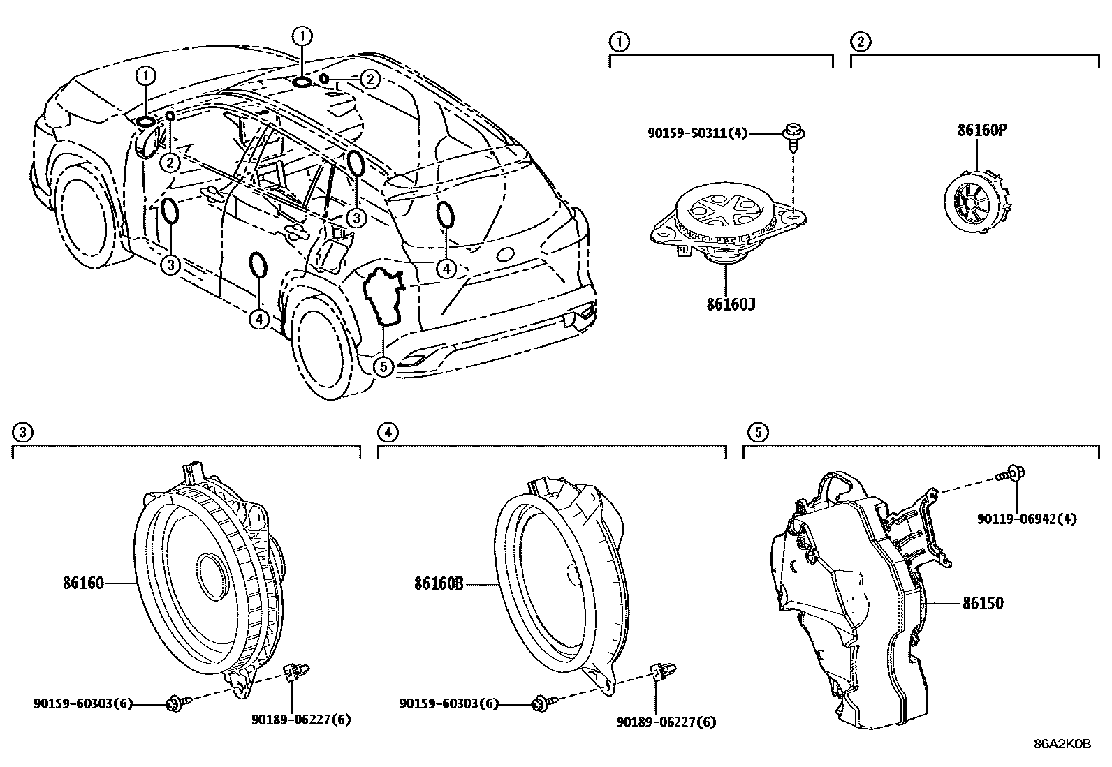 Toyota COROLLA 扬声器 EPC diagram — 86A2K0B
