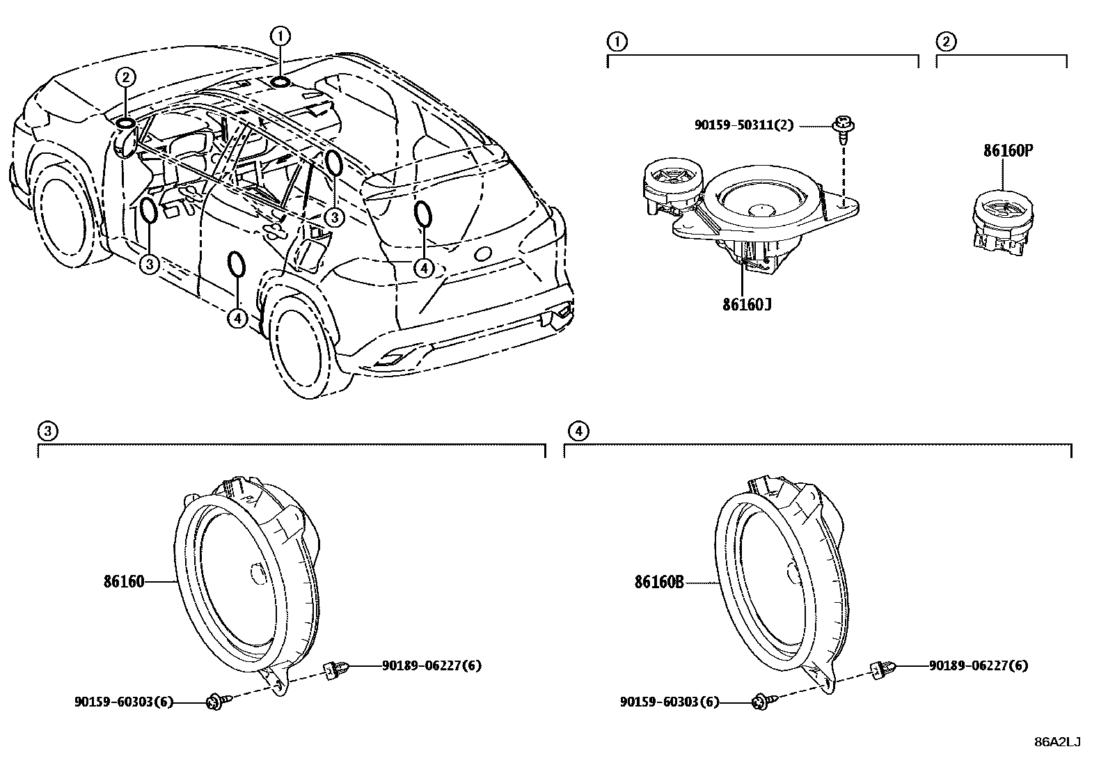 Toyota COROLLA 扬声器 EPC diagram — 86A2LJ