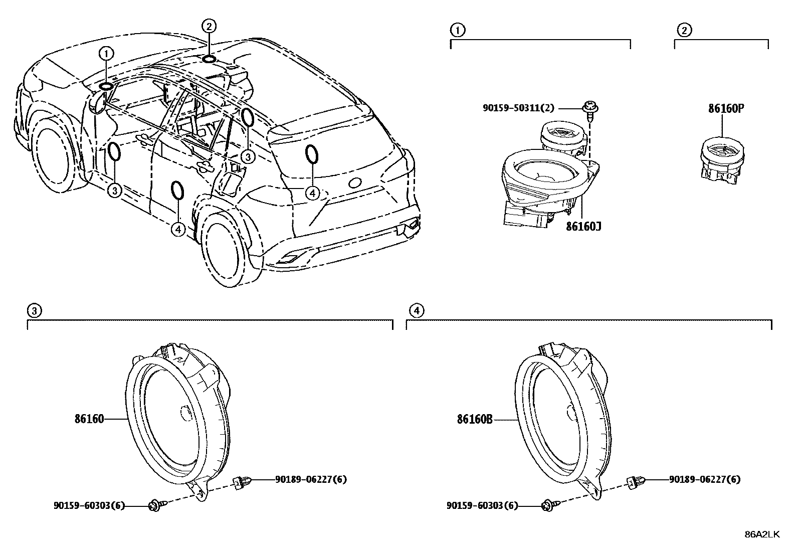 Toyota COROLLA 扬声器 EPC diagram — 86A2LK