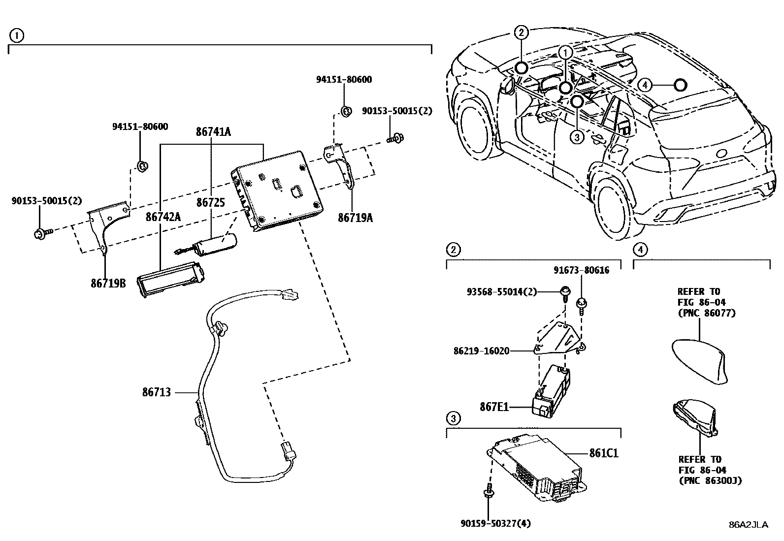 Toyota COROLLA 车载电话和呼救装置 EPC diagram — 86A2JLA