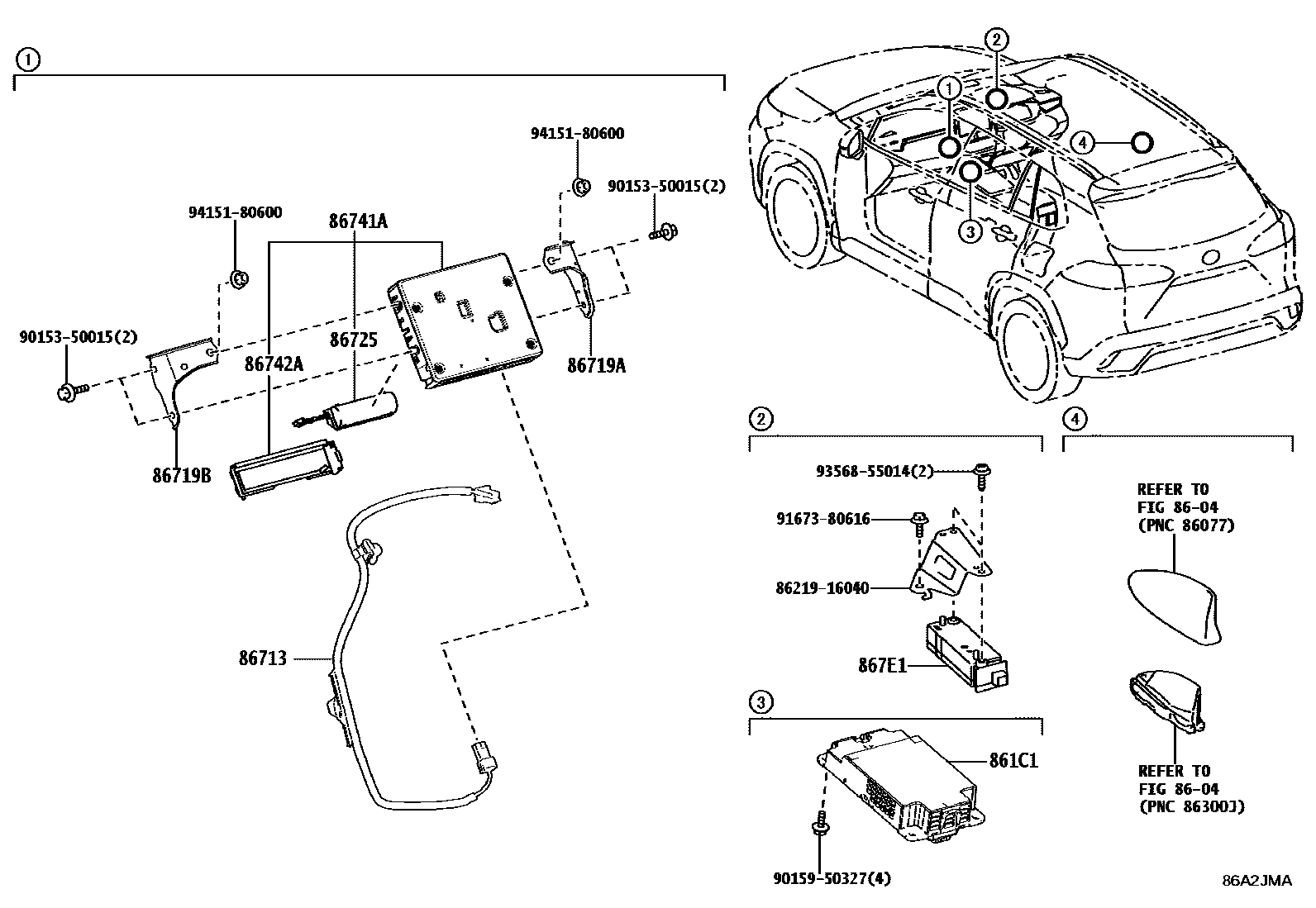 Toyota COROLLA 车载电话和呼救装置 EPC diagram — 86A2JMA