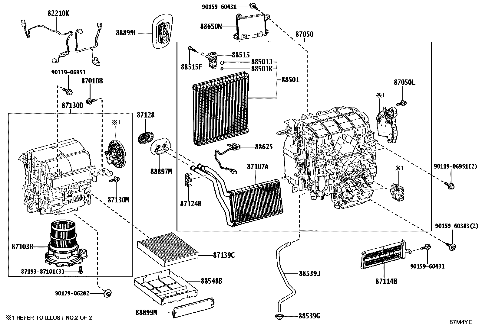 Toyota COROLLA 暖风和空调系统 - 冷却器组件 EPC diagram — 87M4YE