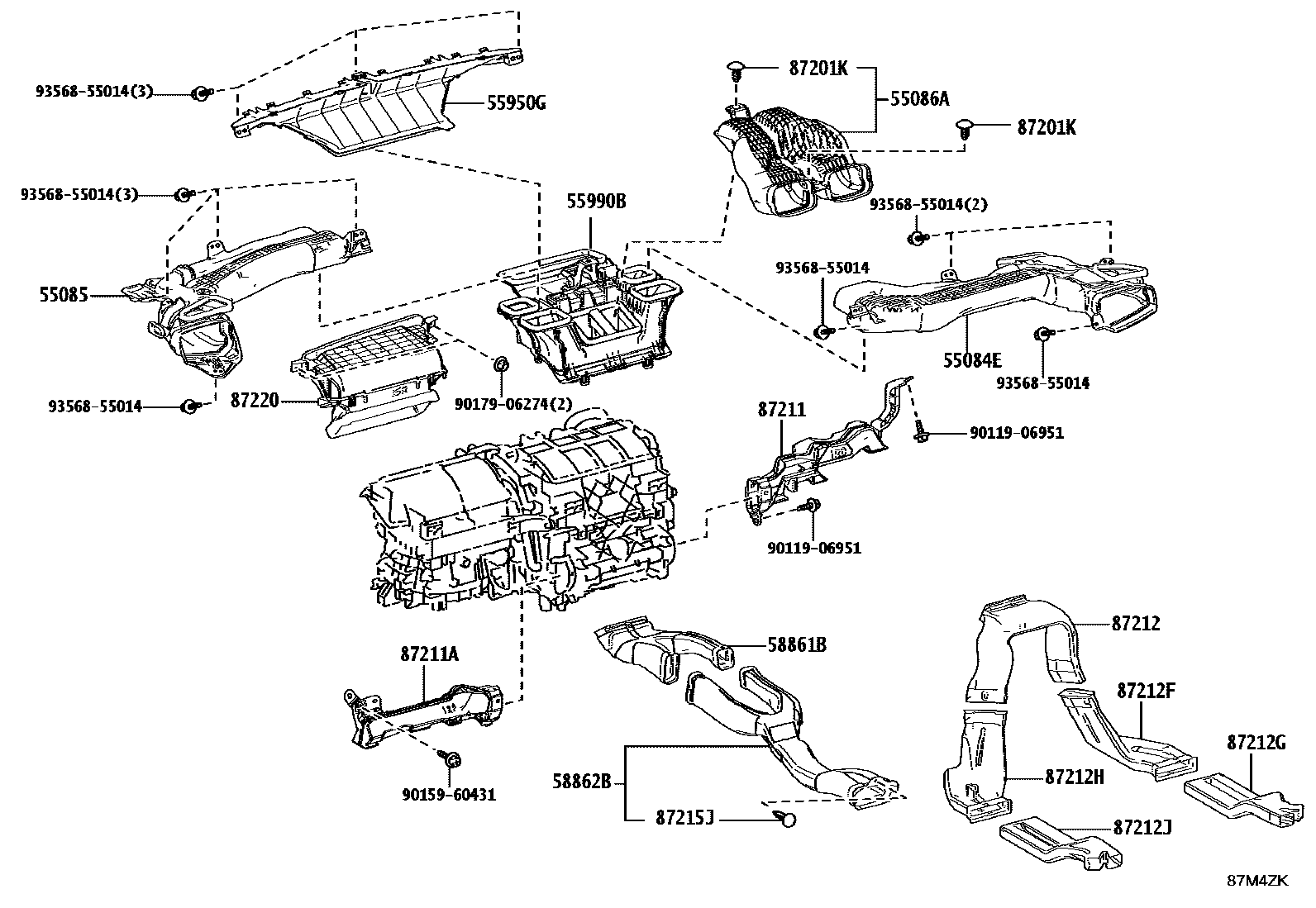 Toyota COROLLA 暖风和空调系统 - 控制器和风管 EPC diagram — 87M4ZK