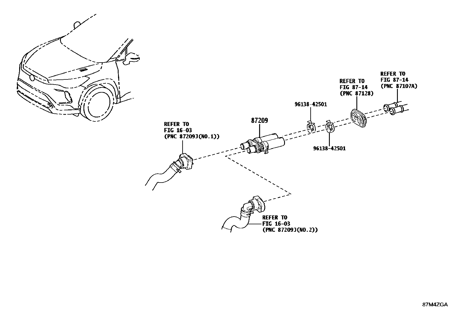 Toyota COROLLA 暖风和空调系统 - 水管 EPC diagram — 87M4ZGA