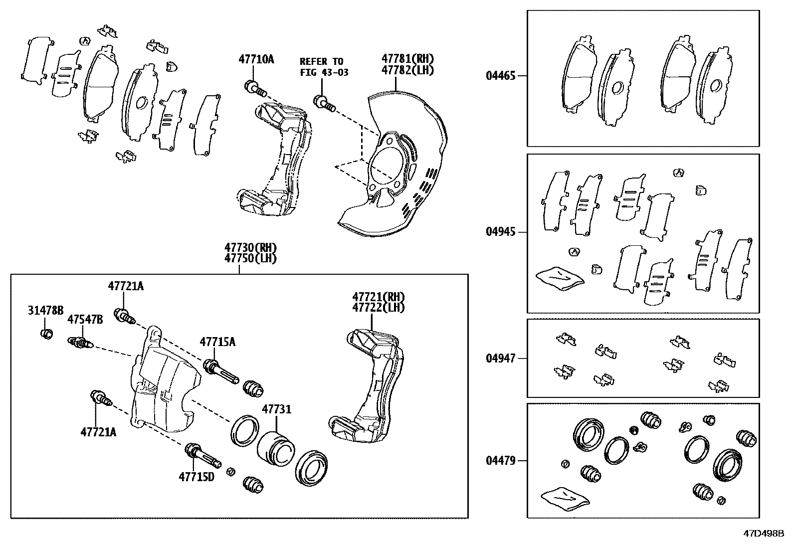 Toyota COROLLA 前盘式制动器卡钳和防尘罩 EPC diagram — 47D498B
