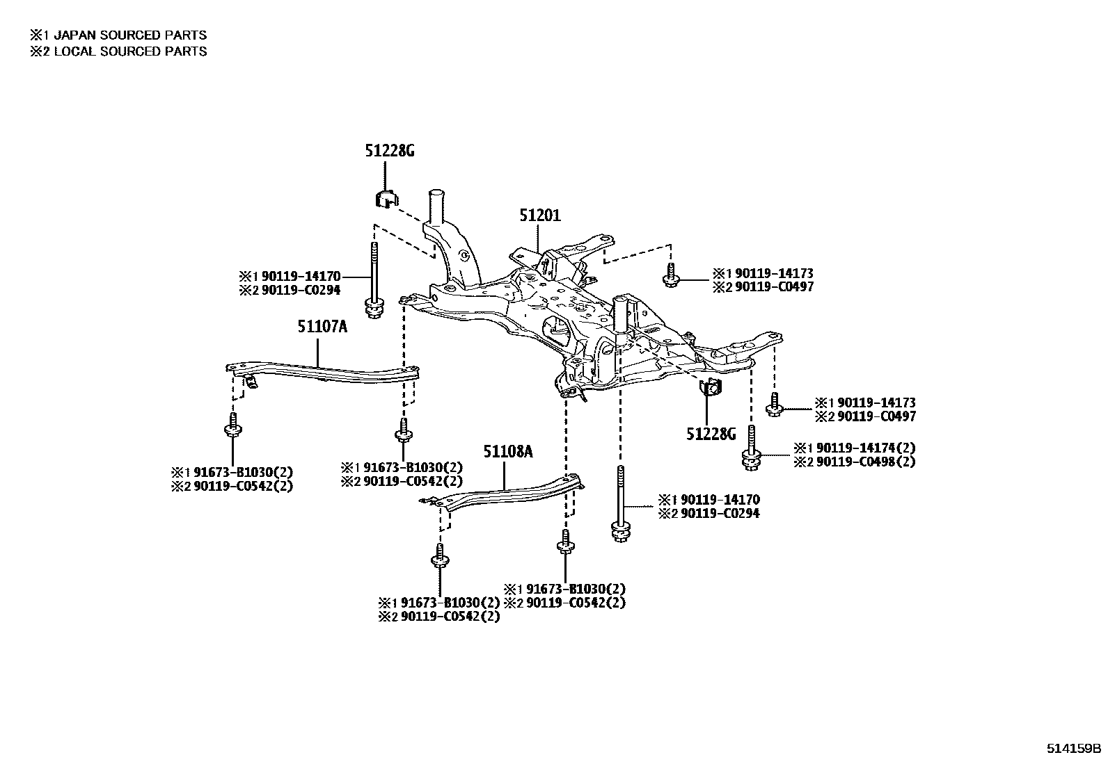 Toyota COROLLA 悬架横梁和发动机底罩 EPC diagram — 514159B