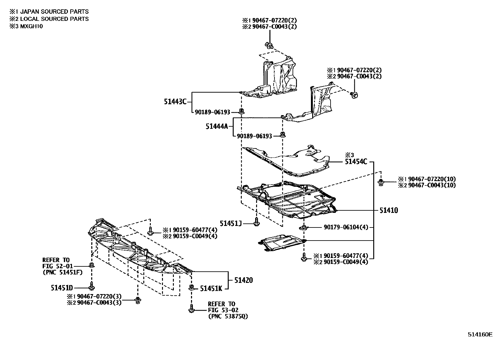 Toyota COROLLA 悬架横梁和发动机底罩 EPC diagram — 514160E