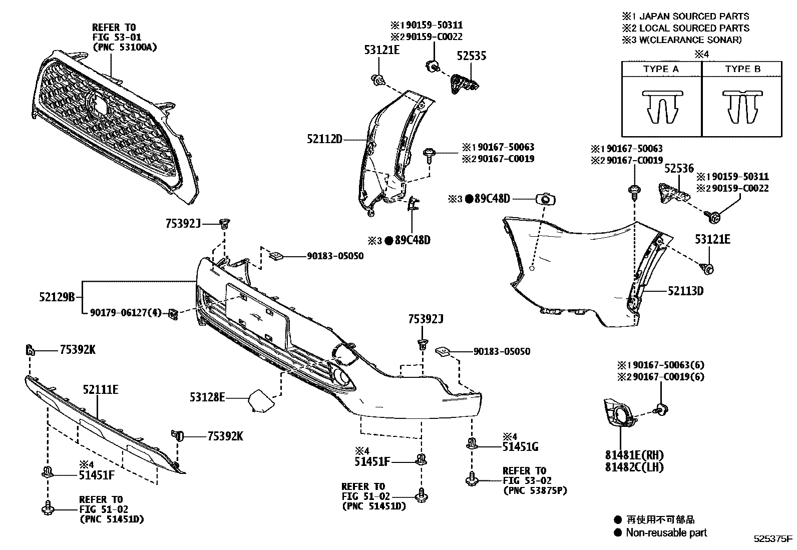 Toyota COROLLA 前保险杠及附件 EPC diagram — 525375F