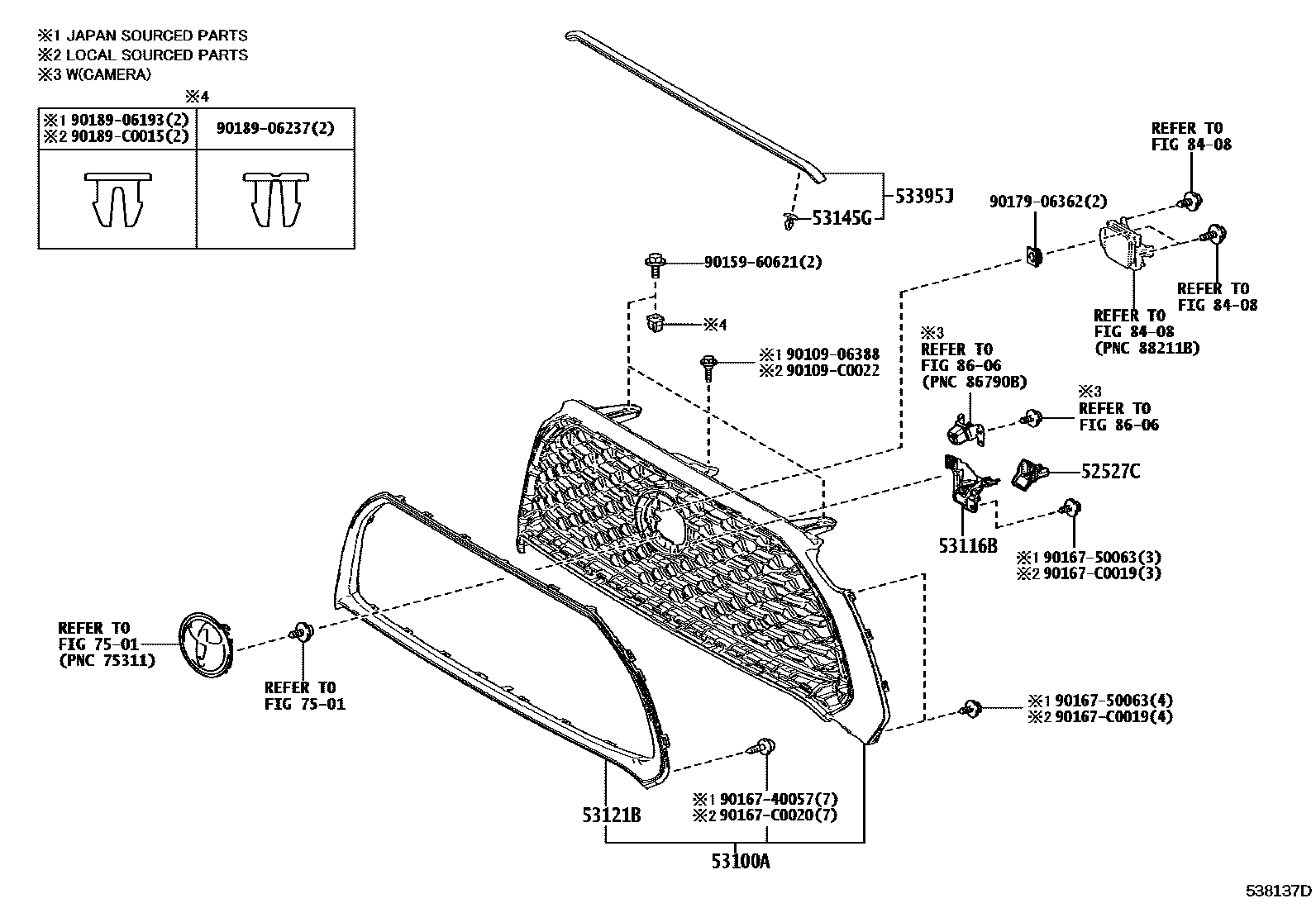 Toyota COROLLA radiator grille EPC diagram — 538137D