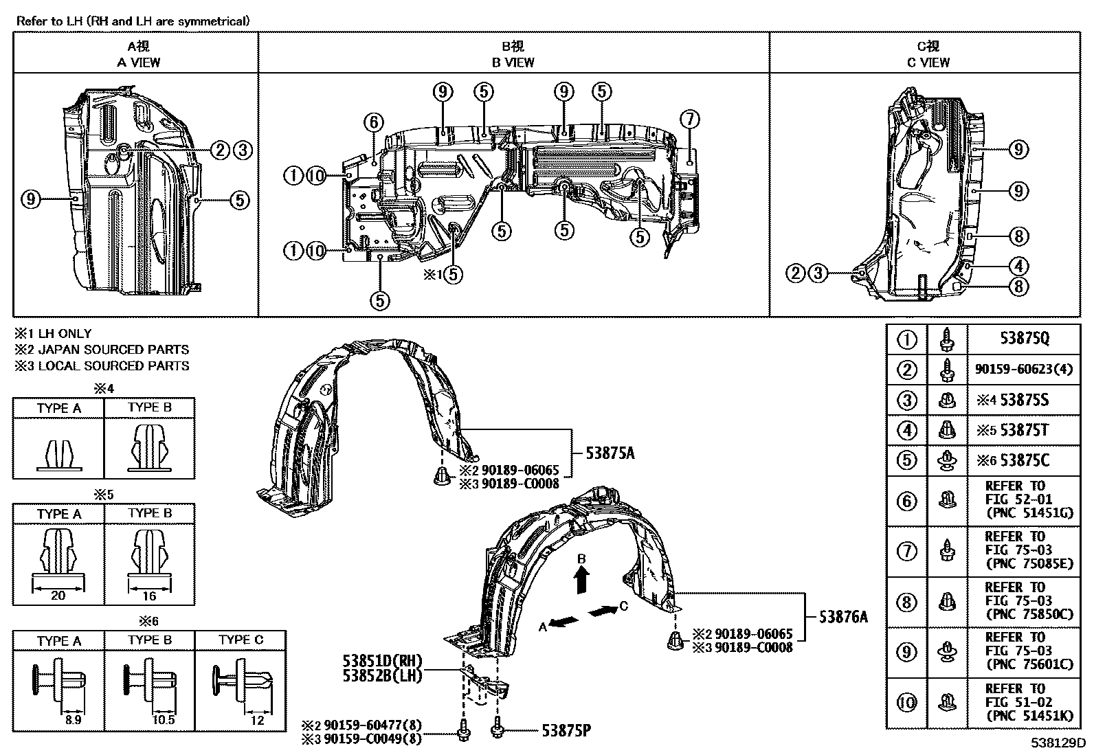 Toyota COROLLA 发动机盖和前翼子板 EPC diagram — 538129D