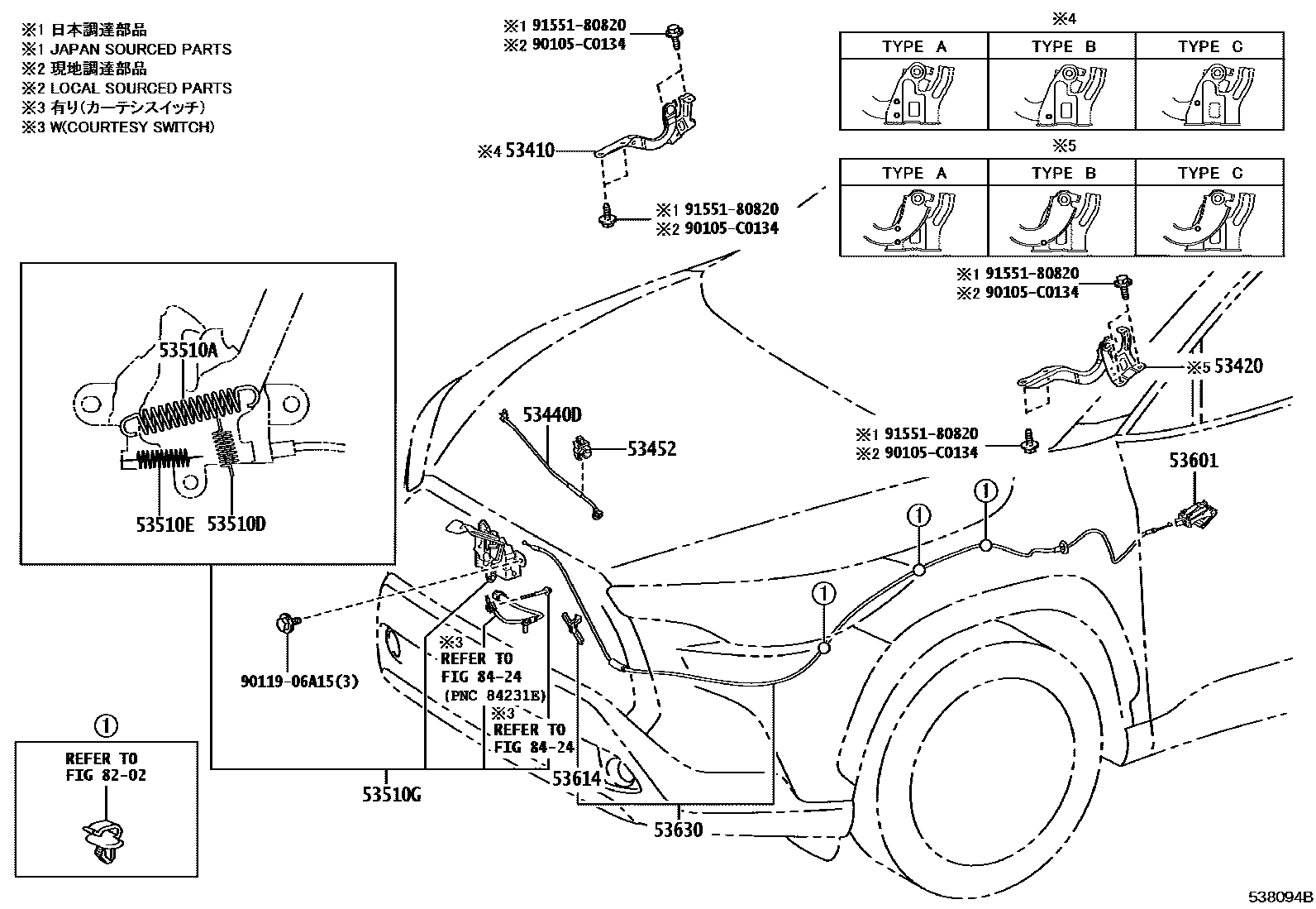 Toyota COROLLA 发动机盖锁和铰链 EPC diagram — 538094B