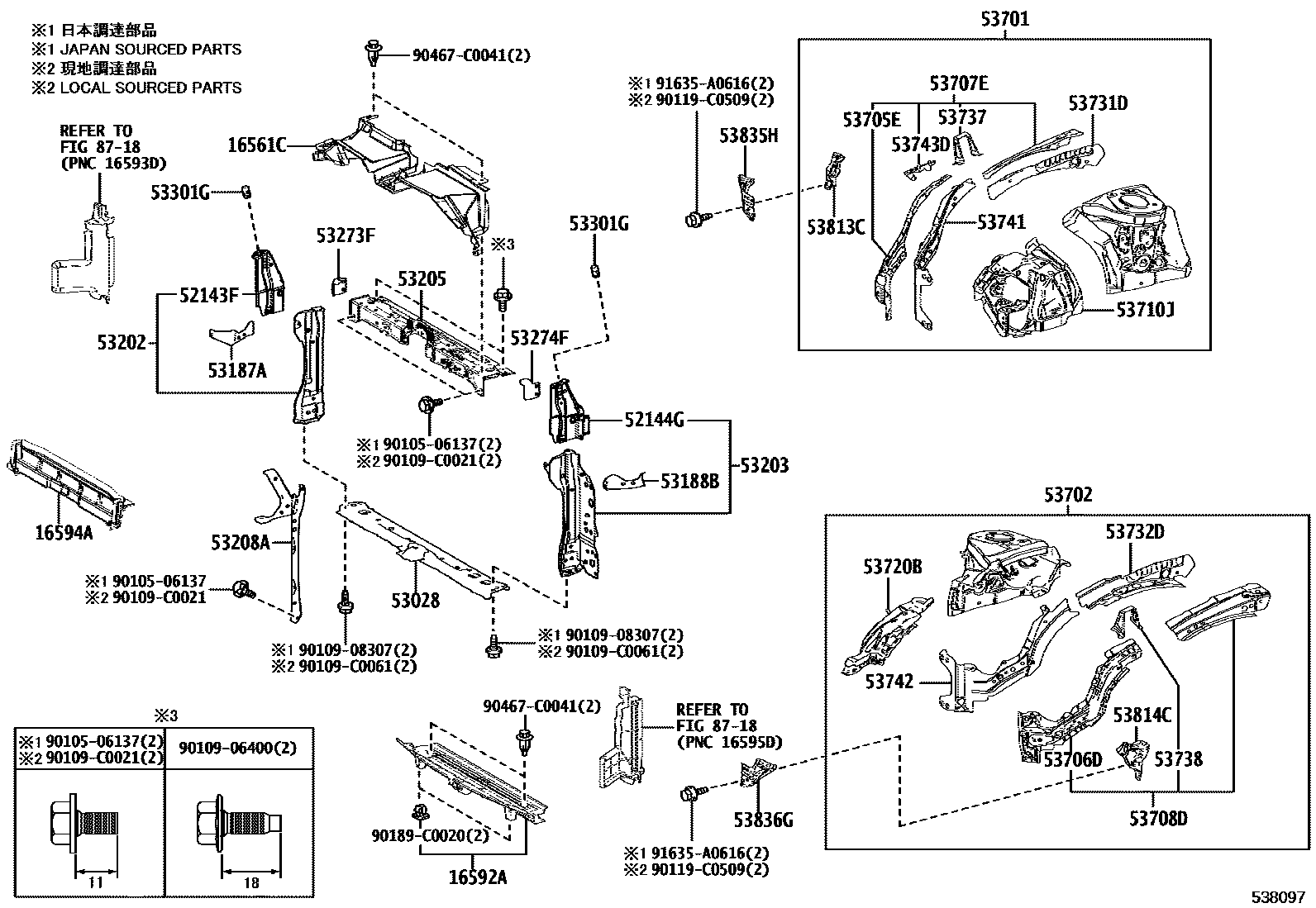 Toyota COROLLA 前翼子板挡泥板和前围板 EPC diagram — 538097