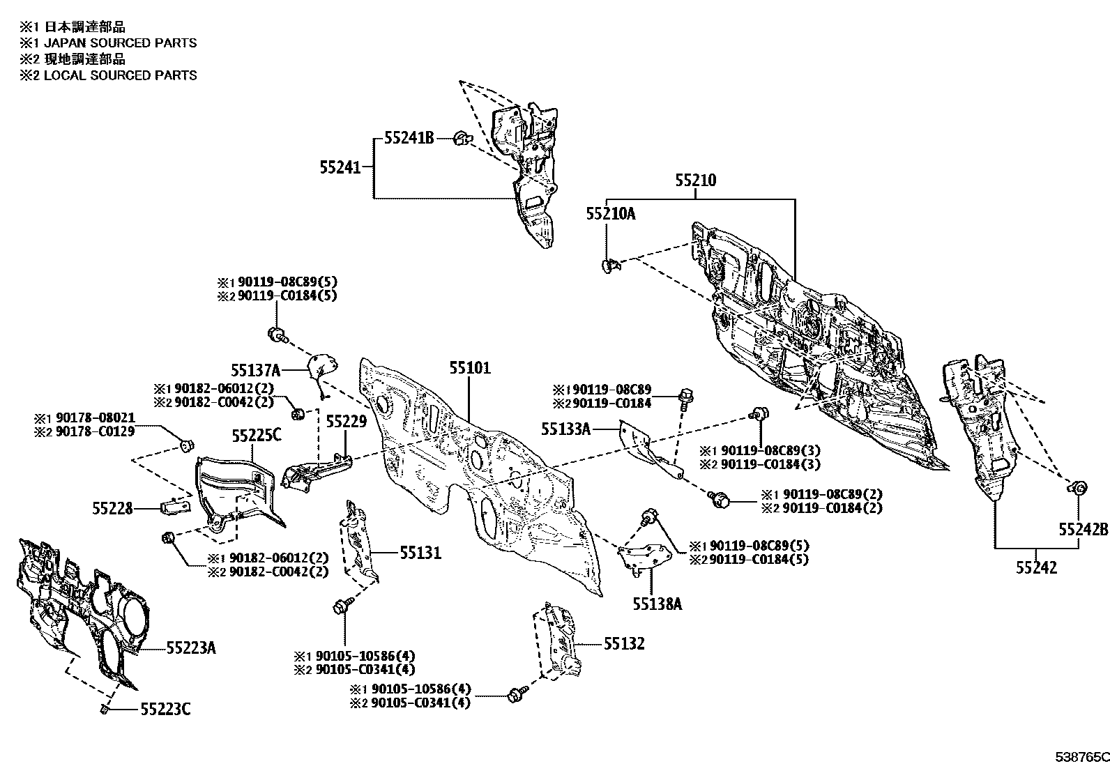 Toyota COROLLA 前翼子板挡泥板和前围板 EPC diagram — 538765C