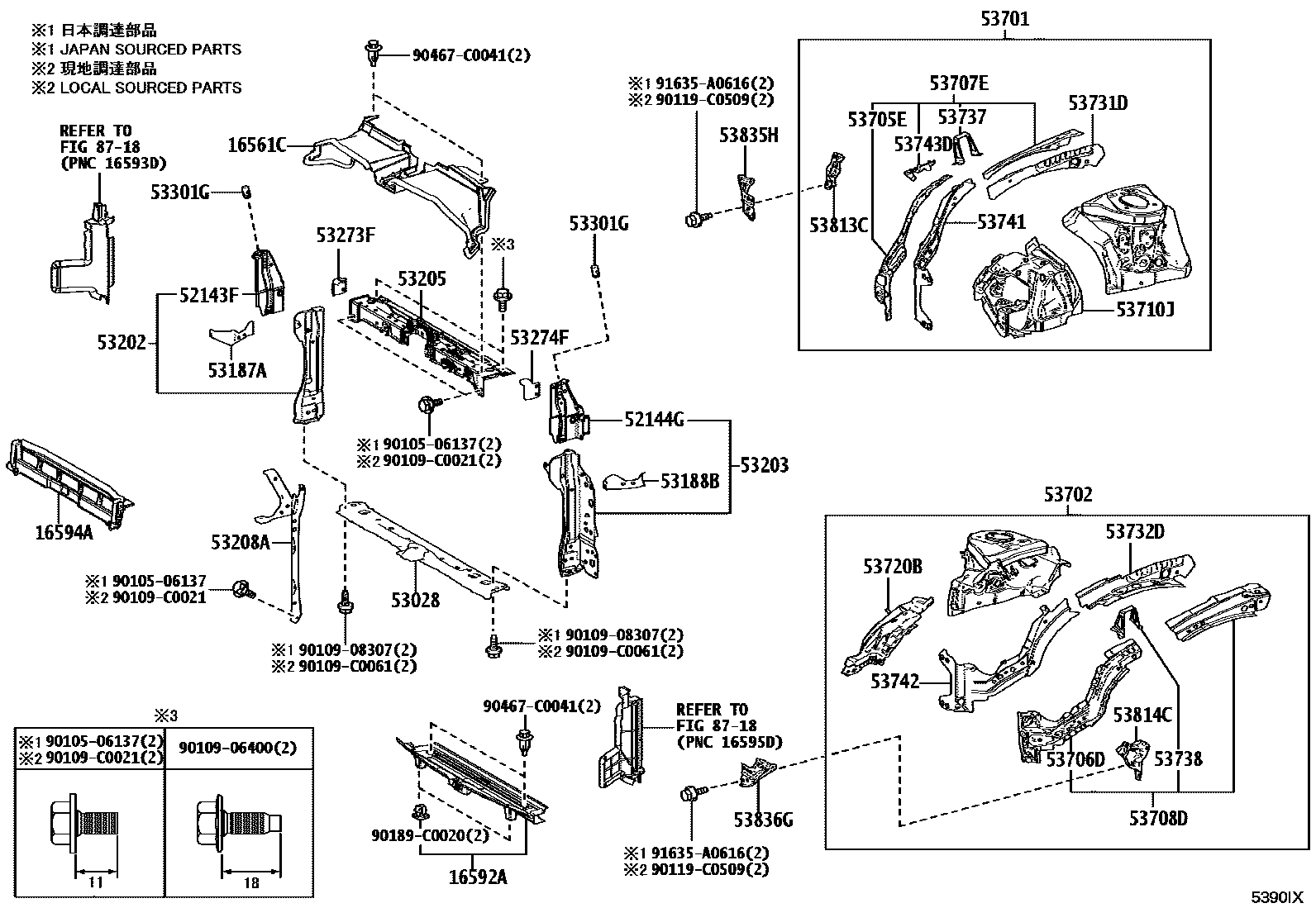 Toyota COROLLA 前翼子板挡泥板和前围板 EPC diagram — 5390IX