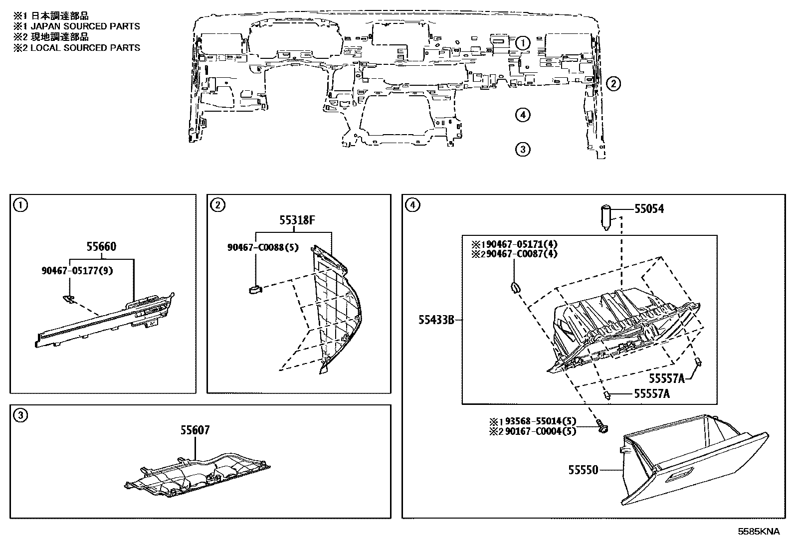 Toyota COROLLA 仪表板和手套箱 EPC diagram — 5585KNA