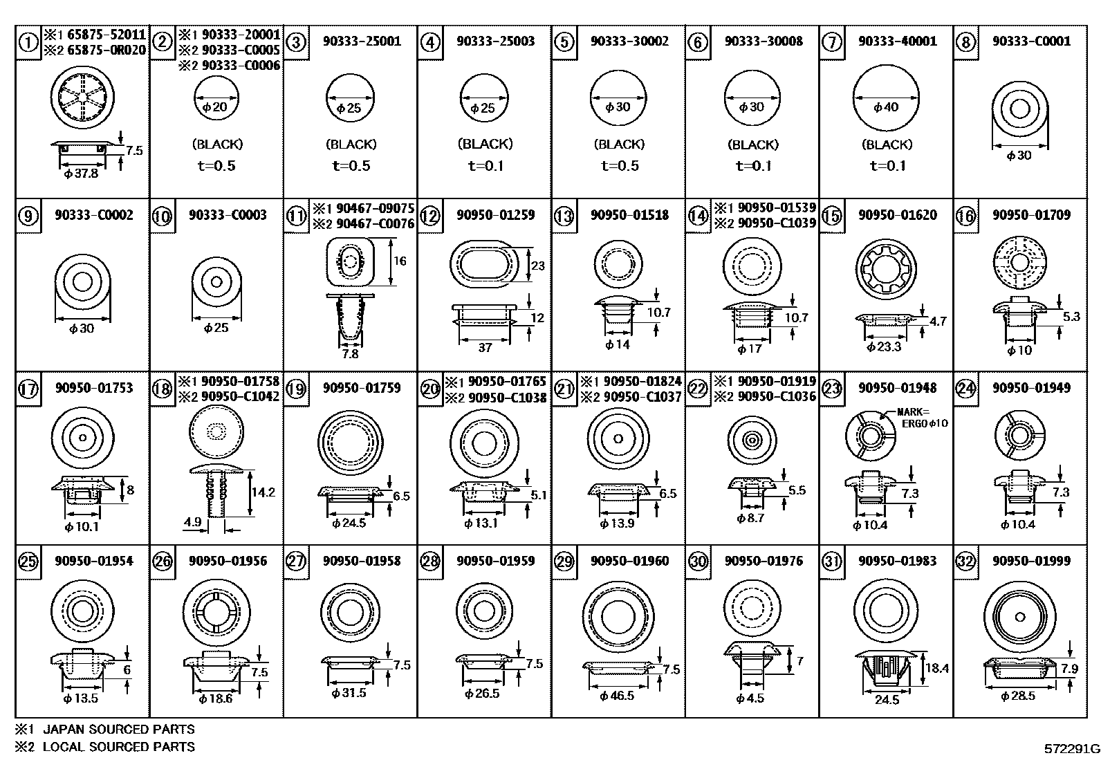 Toyota COROLLA hole plug EPC diagram — 572291G