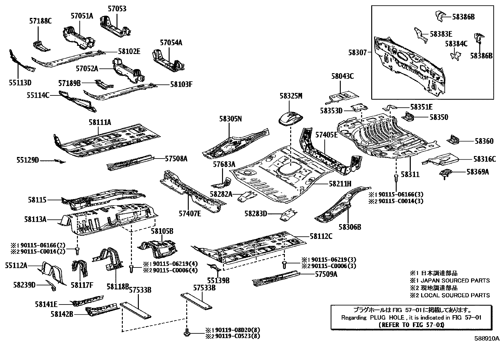 Toyota COROLLA 浅盘形地板和车身下背板 EPC diagram — 588910A