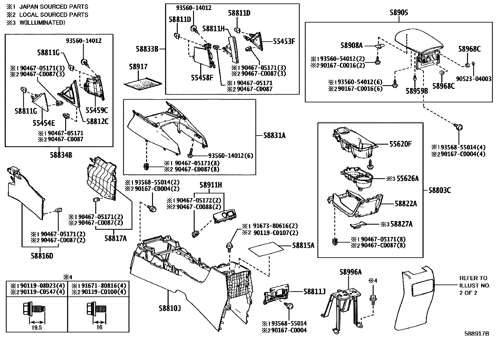 Toyota COROLLA 中央扶手箱和支架 EPC diagram — 588917B