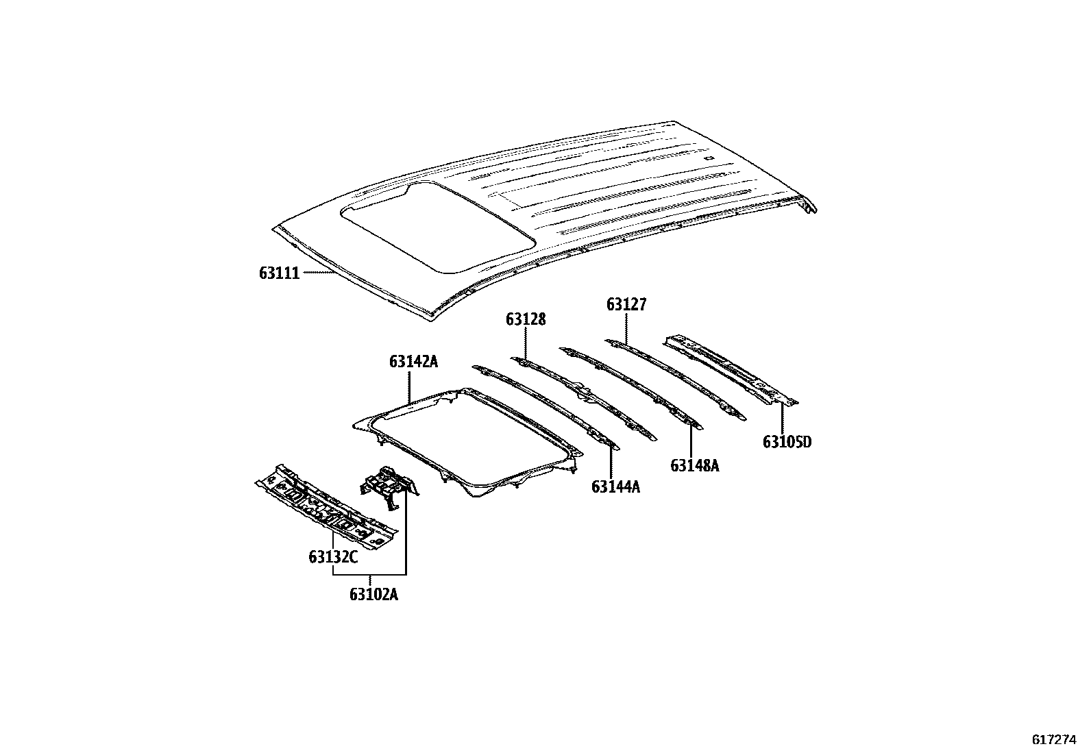 Toyota COROLLA 天窗板和背窗玻璃 EPC diagram — 617274
