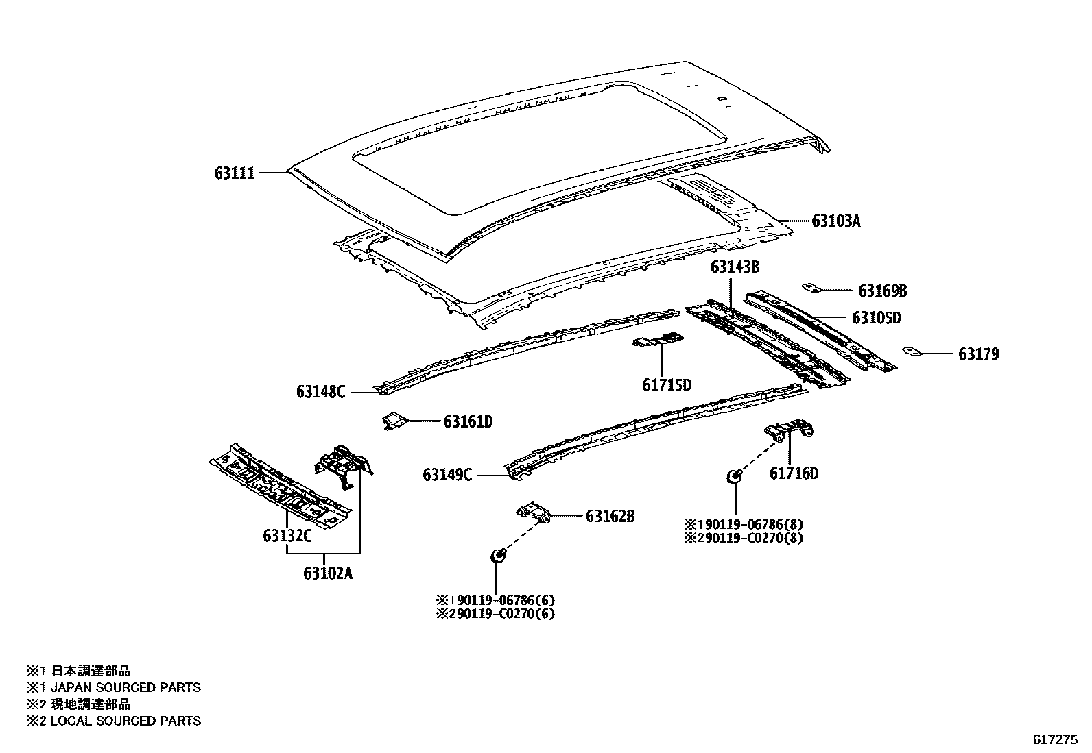 Toyota COROLLA 天窗板和背窗玻璃 EPC diagram — 617275