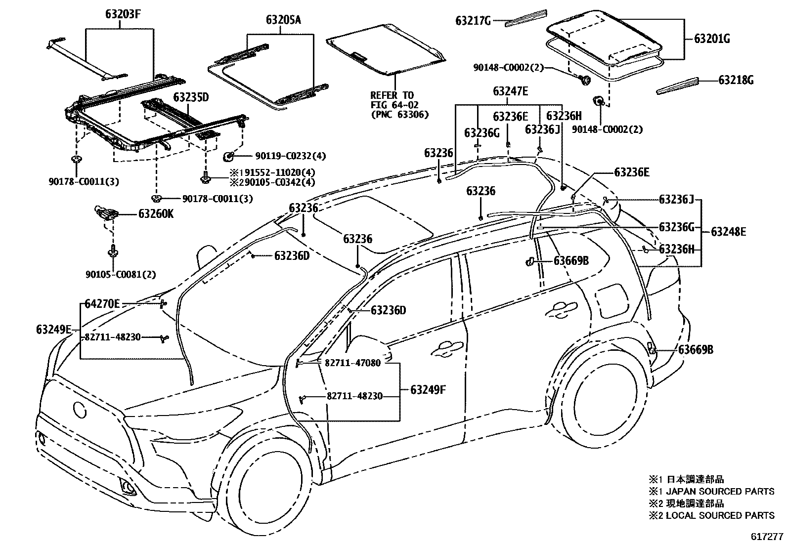 Toyota COROLLA 天窗板和背窗玻璃 EPC diagram — 617277