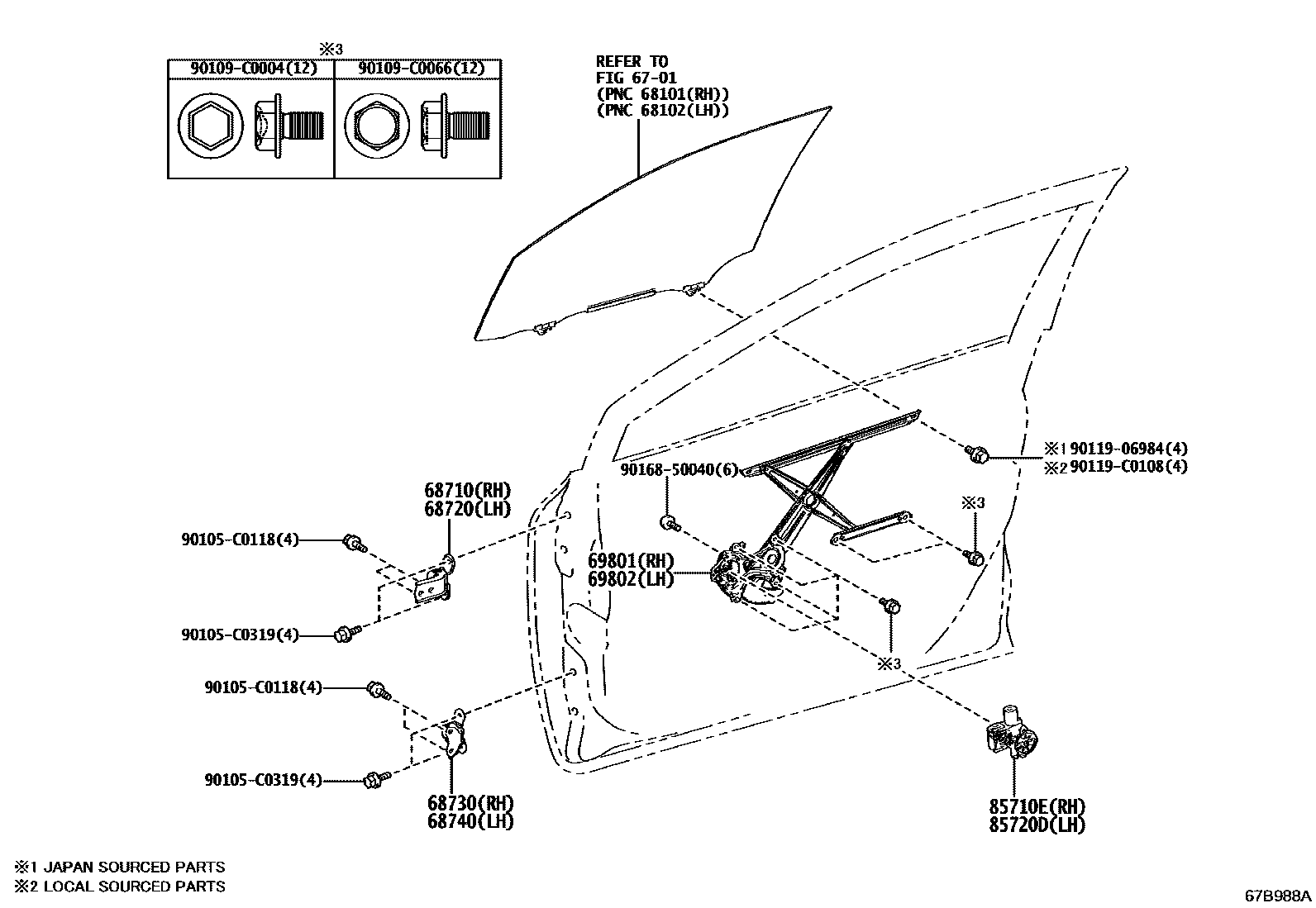 Toyota COROLLA 前门车窗升降器和合页 EPC diagram — 67B988A