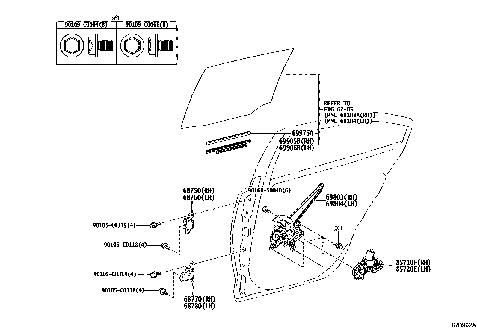 Toyota COROLLA 后门车窗升降器和合页 EPC diagram — 67B992A