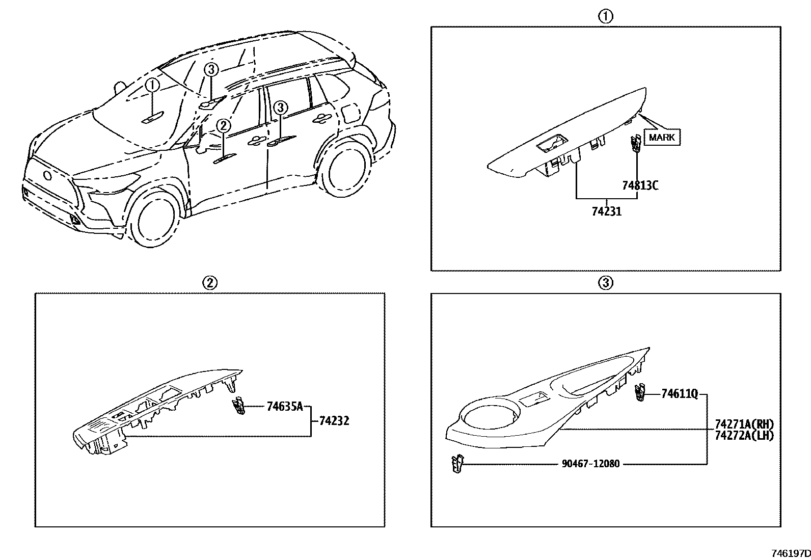 Toyota COROLLA 扶手和遮阳板 EPC diagram — 746197D