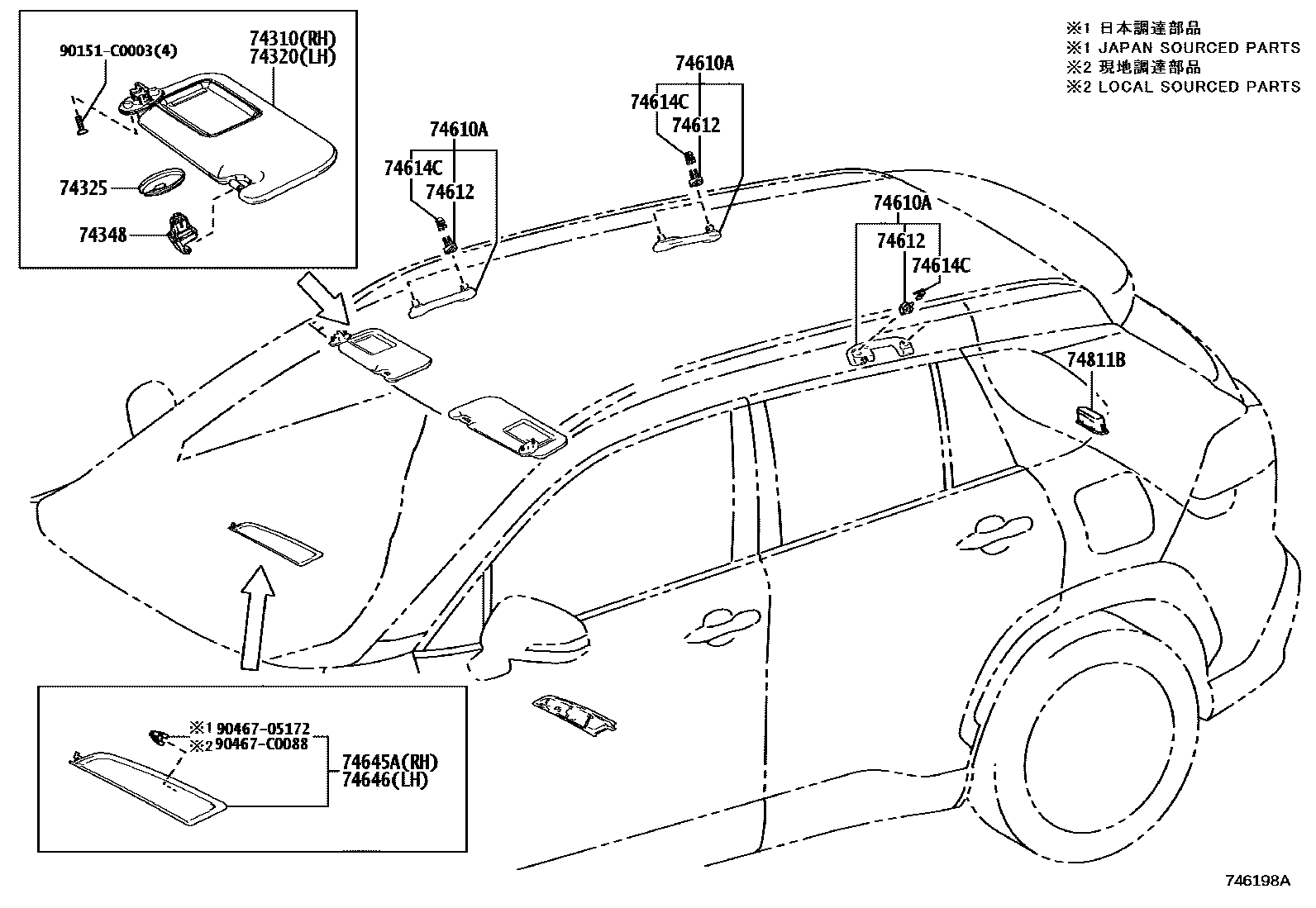 Toyota COROLLA 扶手和遮阳板 EPC diagram — 746198A