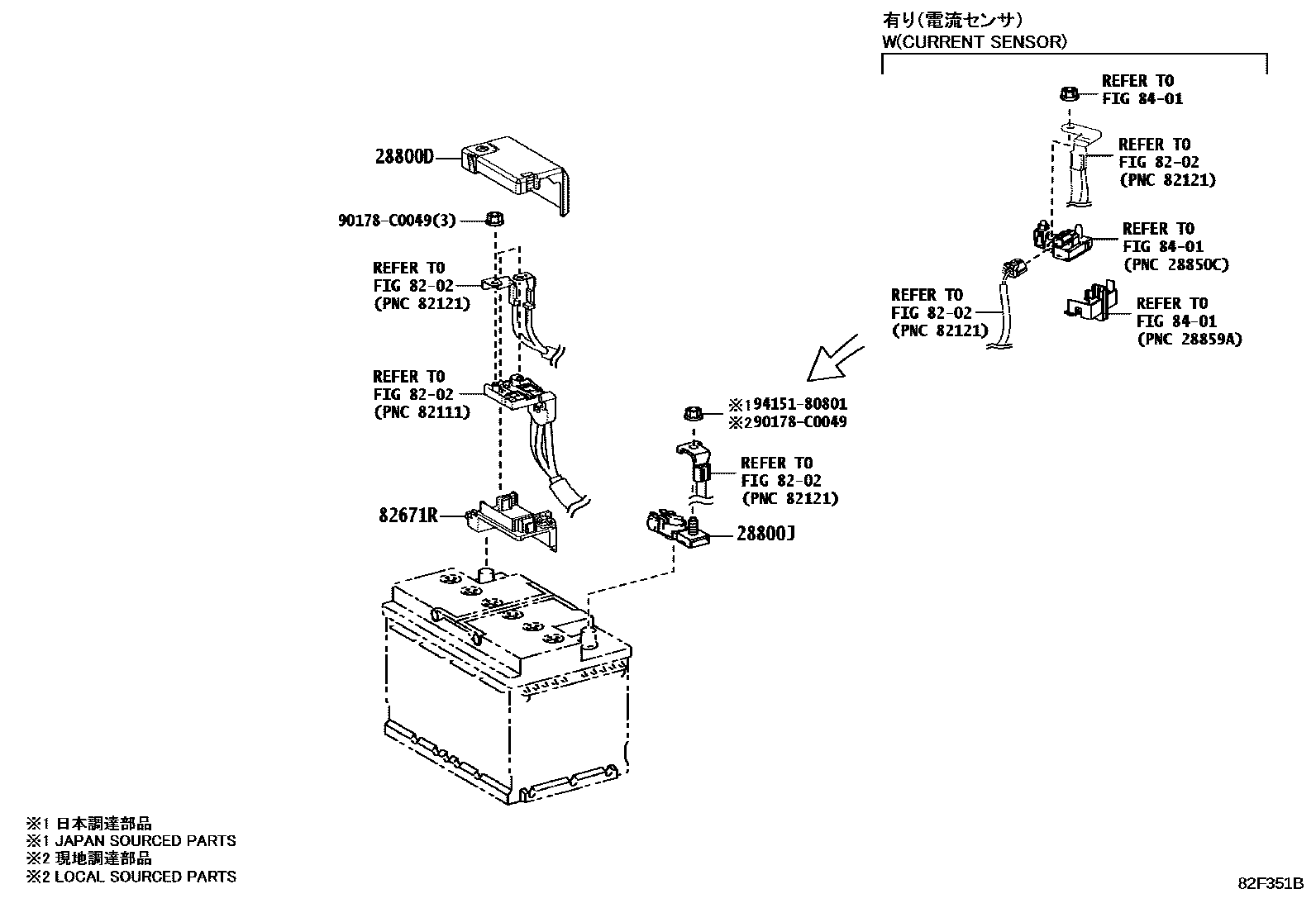Toyota COROLLA 蓄电池和蓄电池电缆 EPC diagram — 82F351B
