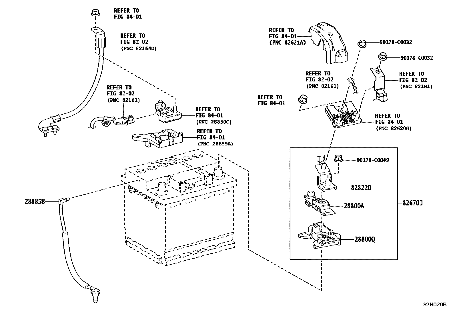 Toyota COROLLA 蓄电池和蓄电池电缆 EPC diagram — 82H029B