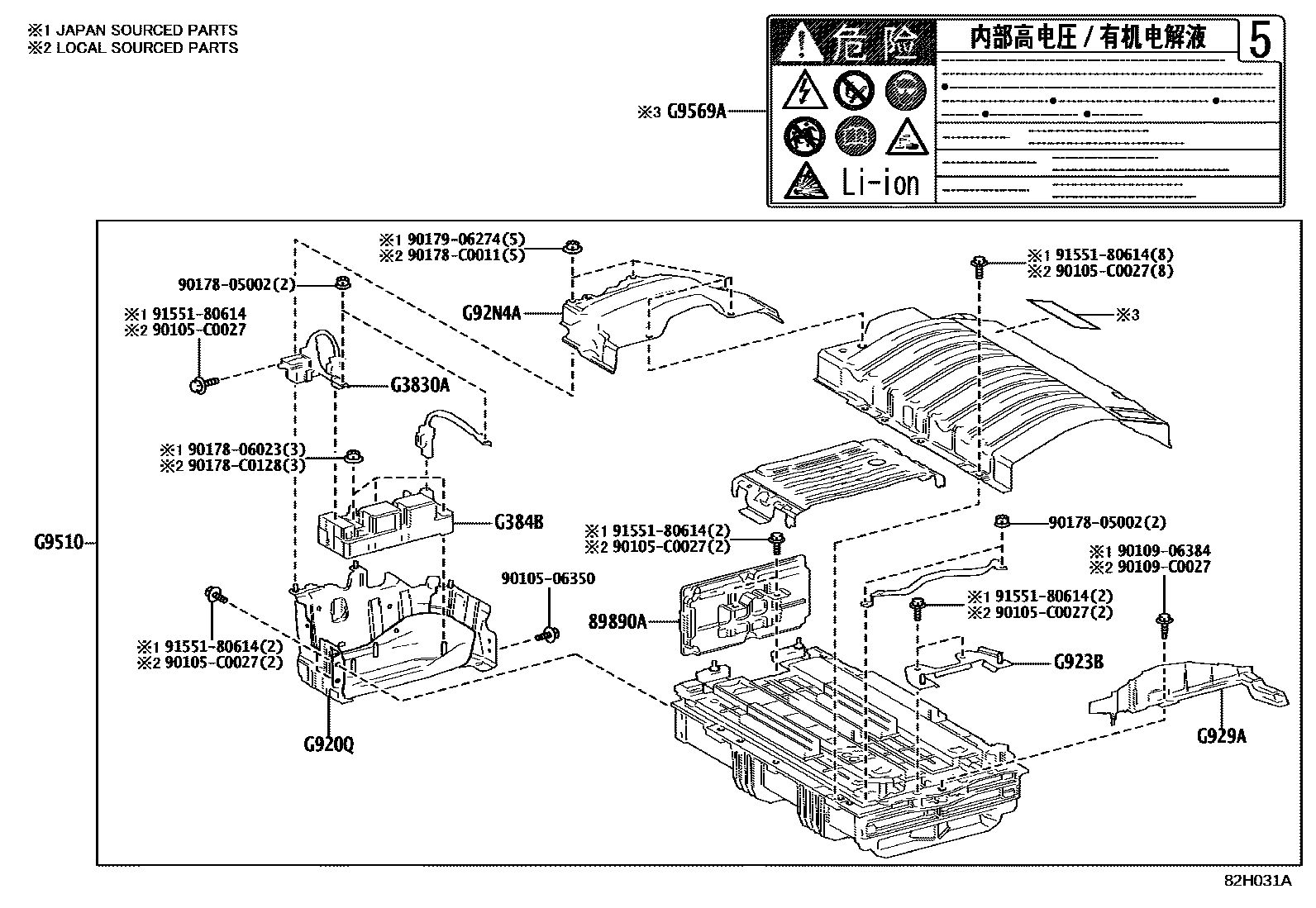 Toyota COROLLA 蓄电池和蓄电池电缆 EPC diagram — 82H031A