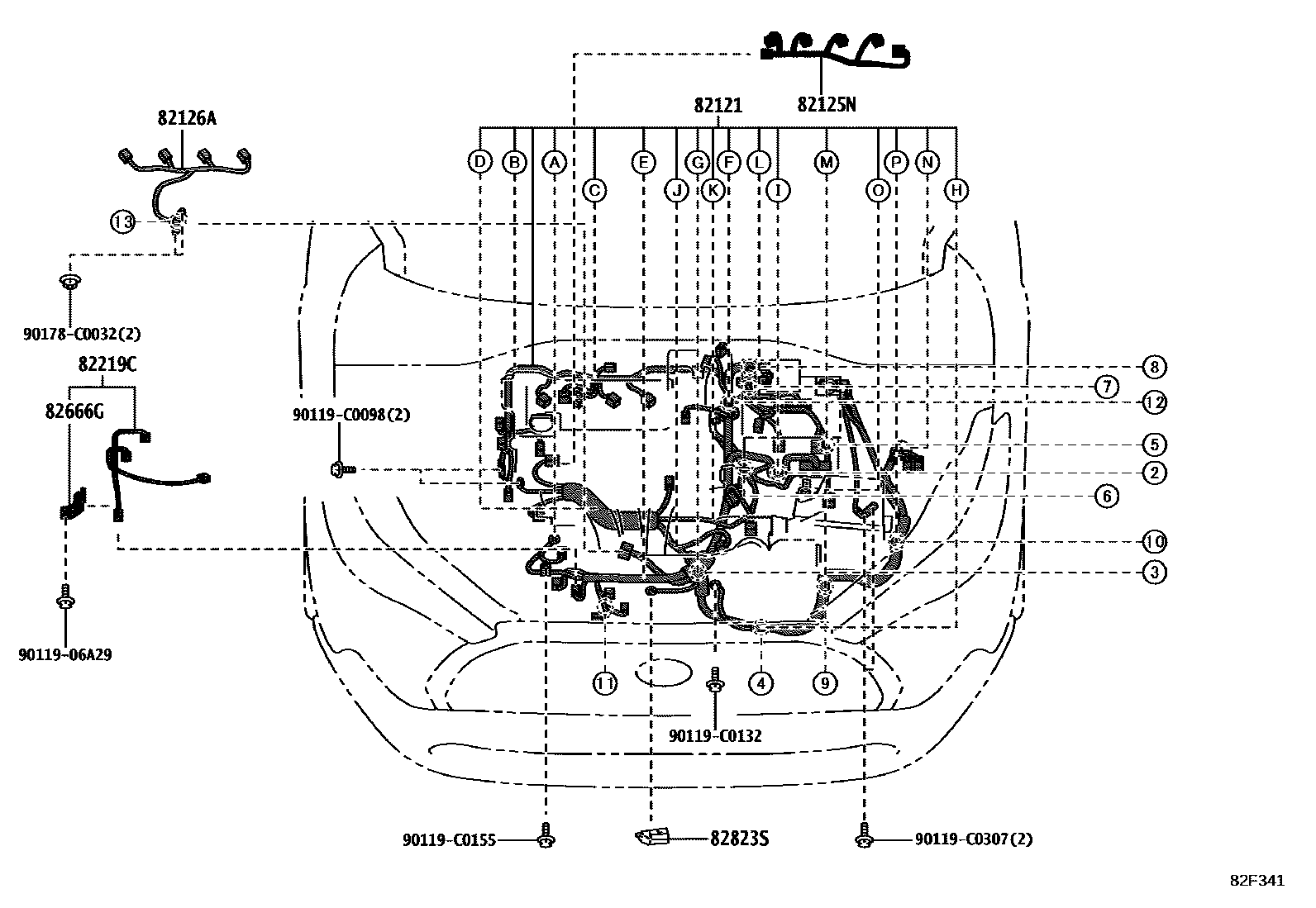 Toyota COROLLA 线束和卡夹 EPC diagram — 82F341