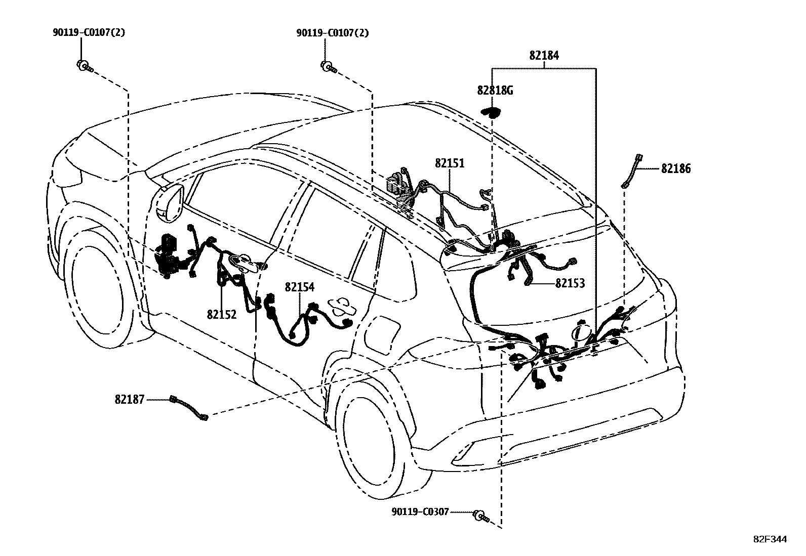 Toyota COROLLA 线束和卡夹 EPC diagram — 82F344