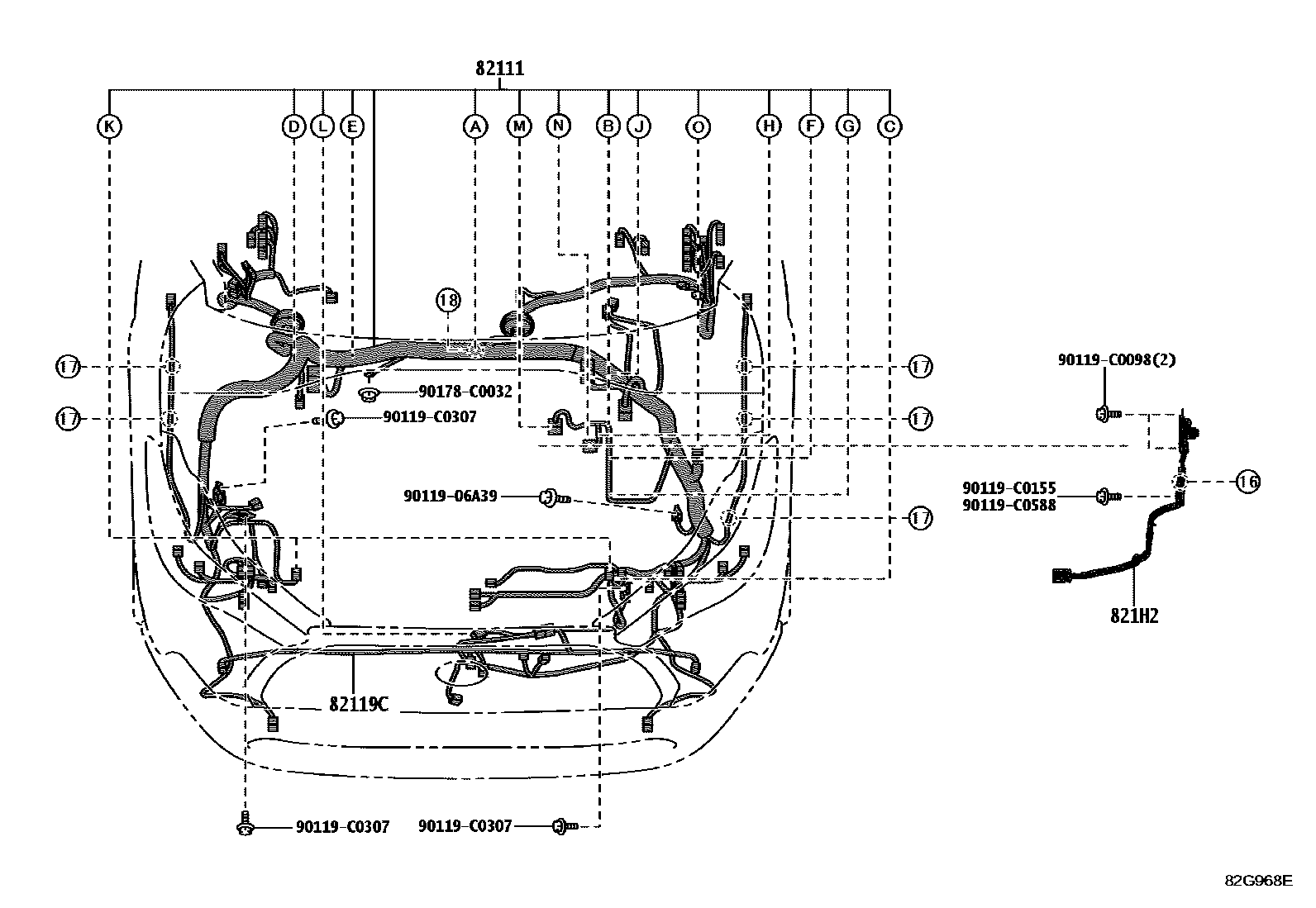 Toyota COROLLA 线束和卡夹 EPC diagram — 82G968E
