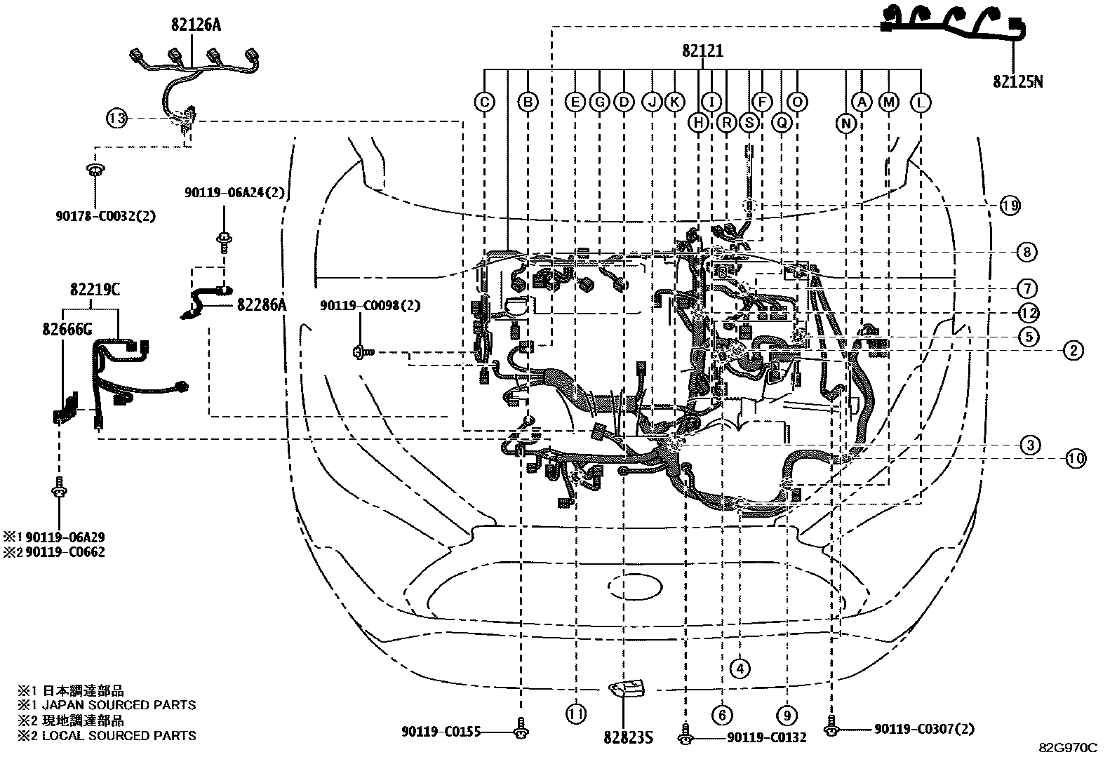 Toyota COROLLA 线束和卡夹 EPC diagram — 82G970C