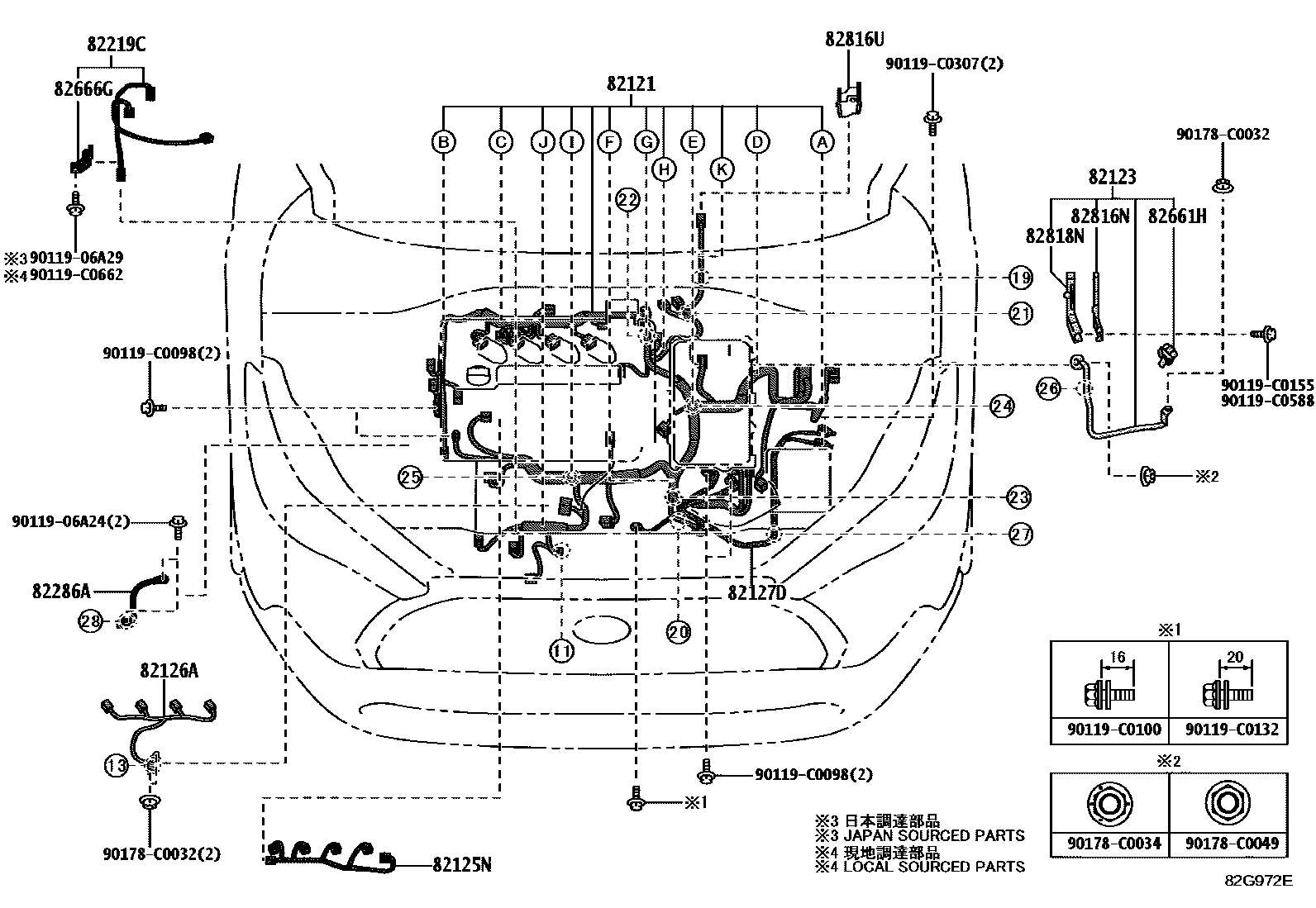 Toyota COROLLA 线束和卡夹 EPC diagram — 82G972E